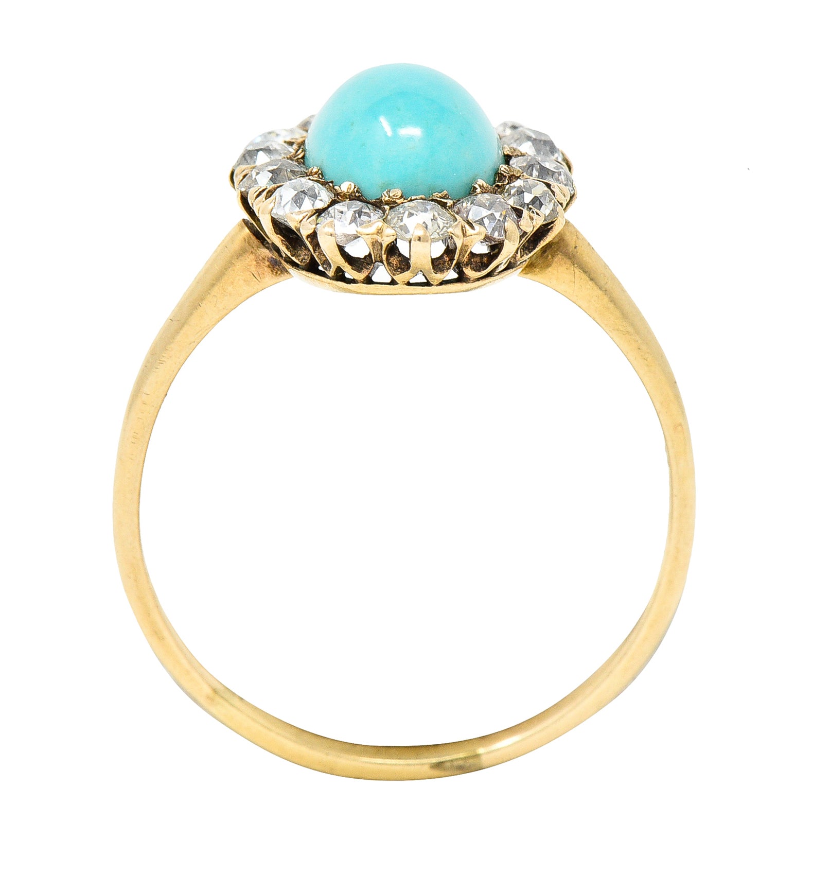 Victorian Turquoise Cabochon Old Mine  Cut Diamond 14 Karat Yellow Gold Halo Ring Wilson's Estate Jewelry