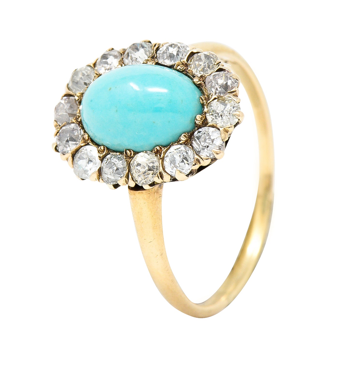 Victorian Turquoise Cabochon Old Mine  Cut Diamond 14 Karat Yellow Gold Halo Ring Wilson's Estate Jewelry