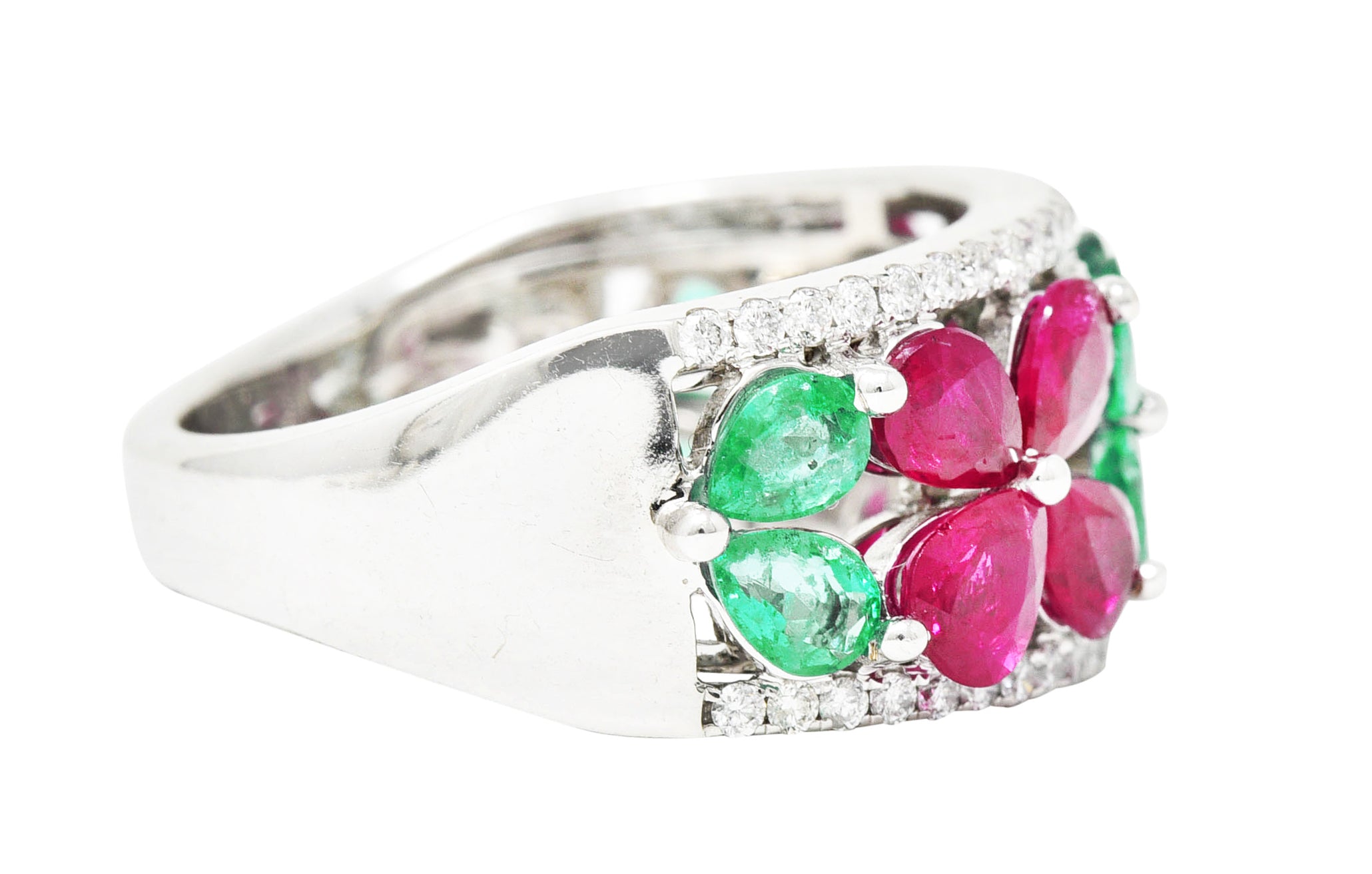 Contemporary 3.95 CTW Emerald Ruby Diamond 14 Karat White Gold Gemstone Flower Band Ring Wilson's Estate Jewelry