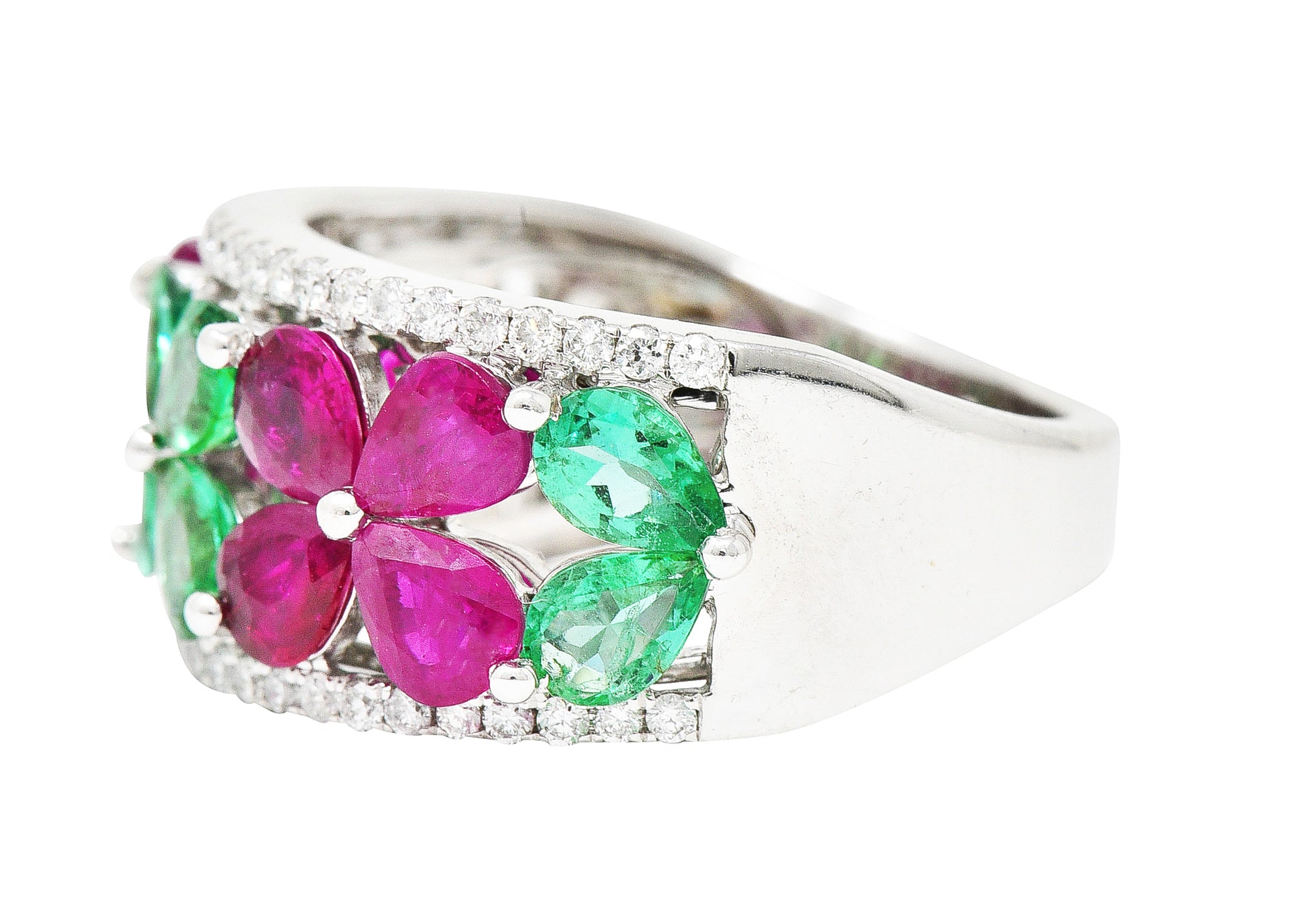 Contemporary 3.95 CTW Emerald Ruby Diamond 14 Karat White Gold Gemstone Flower Band Ring Wilson's Estate Jewelry