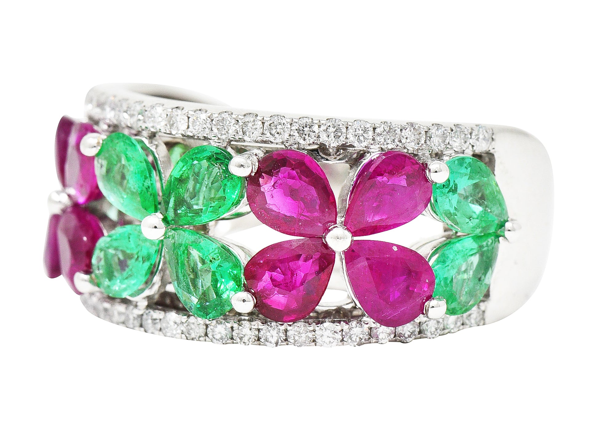 Contemporary 3.95 CTW Emerald Ruby Diamond 14 Karat White Gold Gemstone Flower Band Ring Wilson's Estate Jewelry