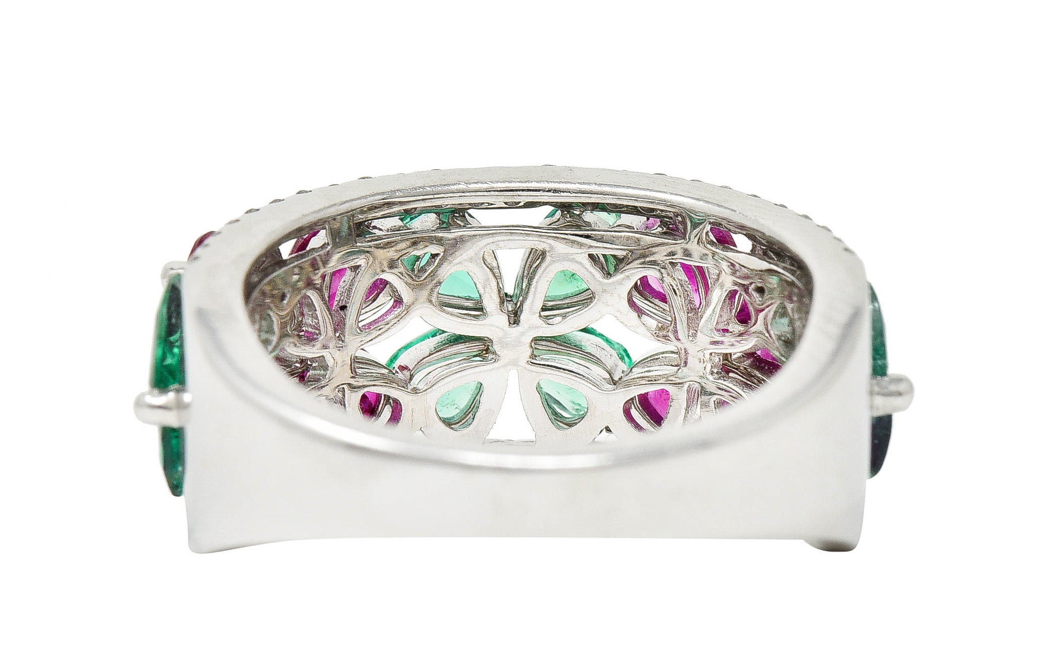 Contemporary 3.95 CTW Emerald Ruby Diamond 14 Karat White Gold Gemstone Flower Band Ring Wilson's Estate Jewelry