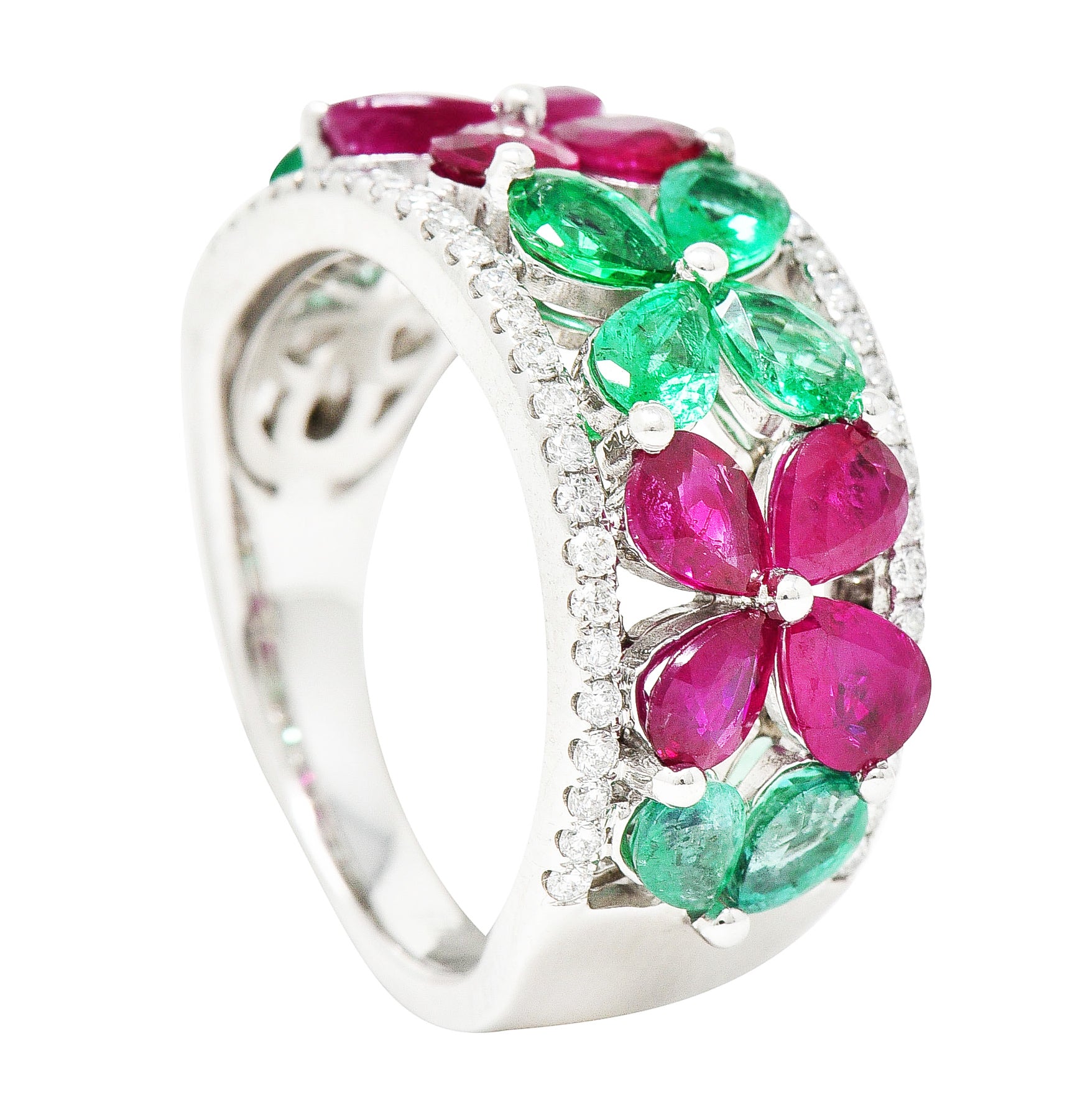 Contemporary 3.95 CTW Emerald Ruby Diamond 14 Karat White Gold Gemstone Flower Band Ring Wilson's Estate Jewelry