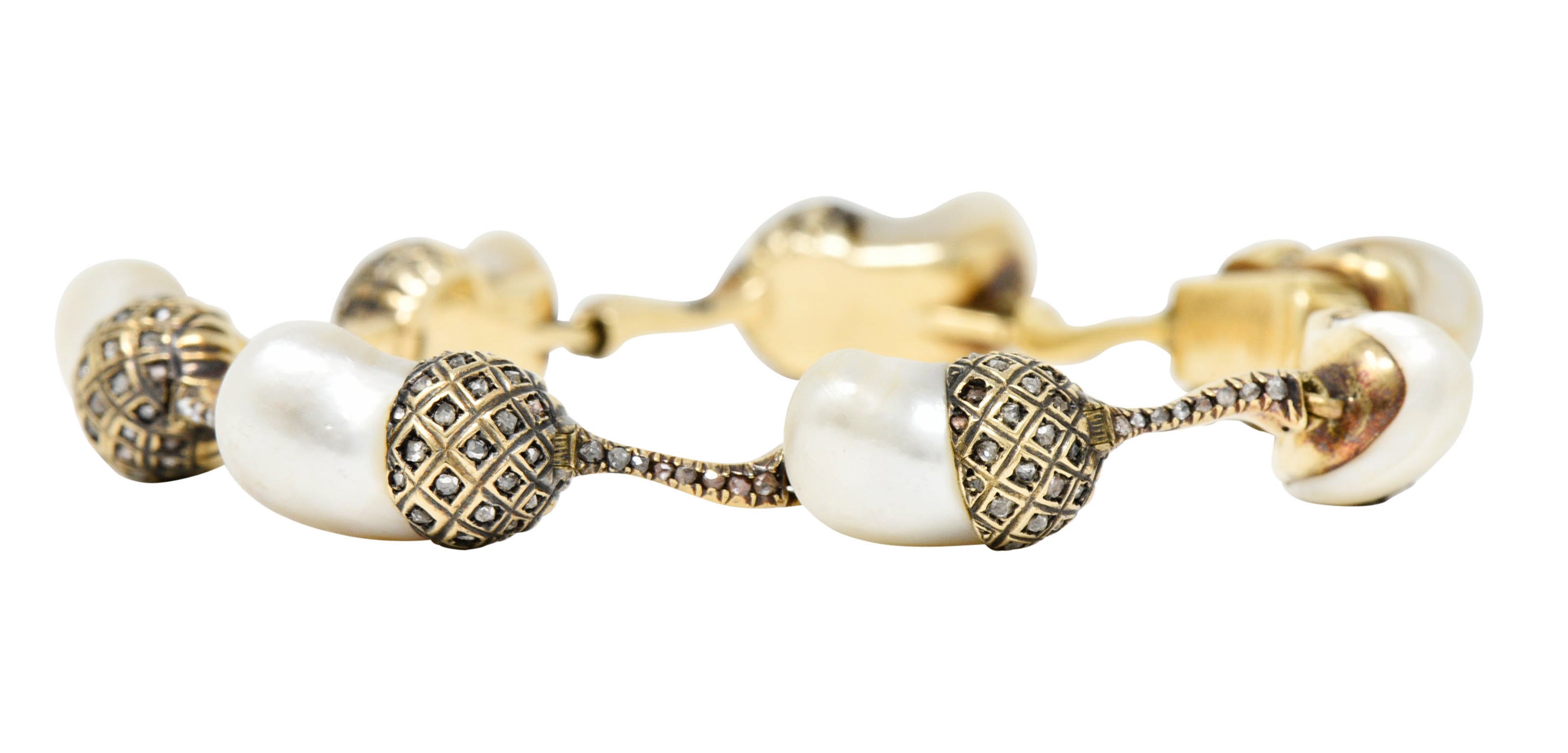 1910 Edwardian Russian Baroque Pearl Diamond 14 Karat Gold Acorn Link Braceletbracelet - Wilson's Estate Jewelry