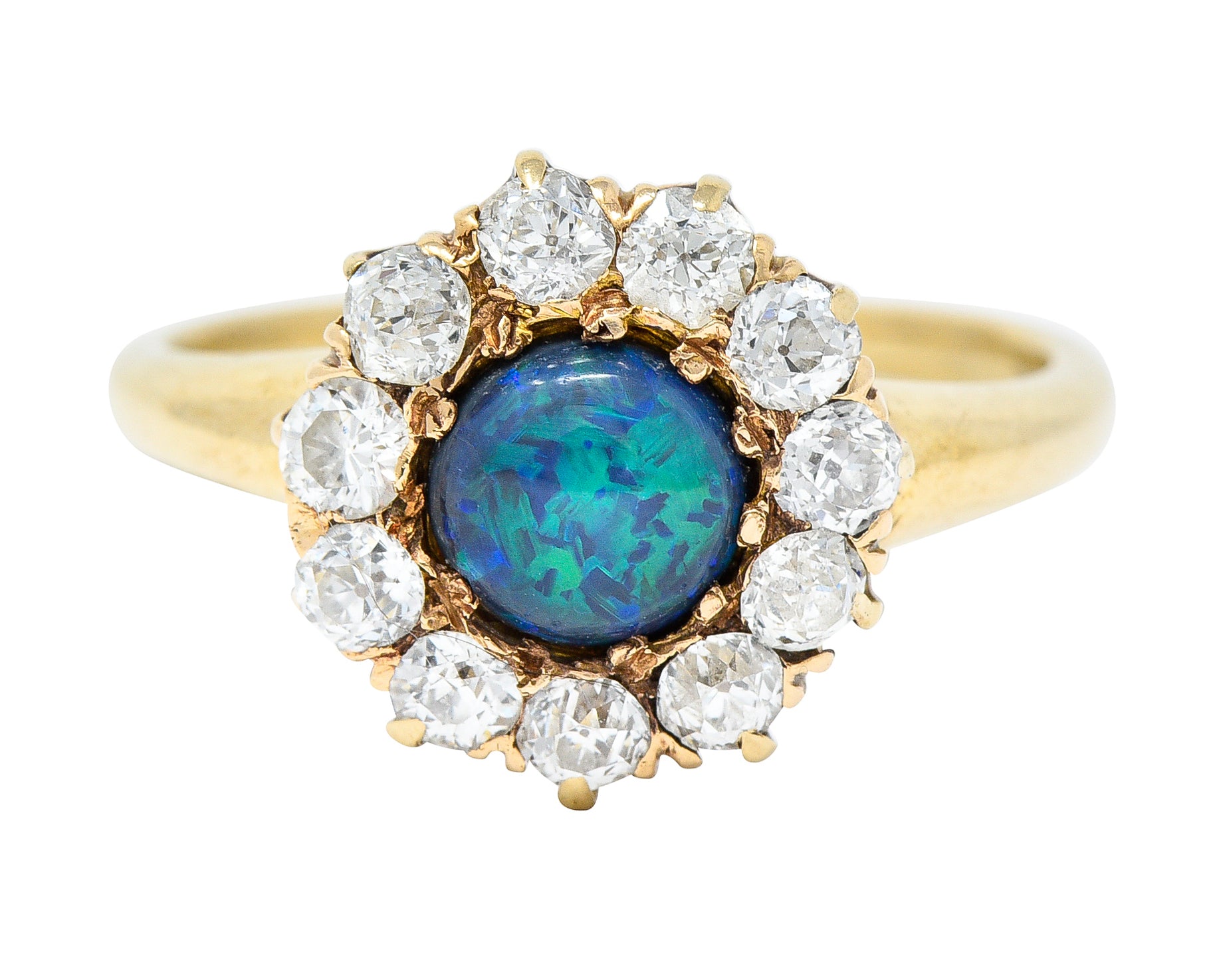 Victorian 0.88 CTW Black Opal Cabochon Old European Cut Diamond 14 Karat Yellow Gold Antique Halo Ring Wilson's Estate Jewelry