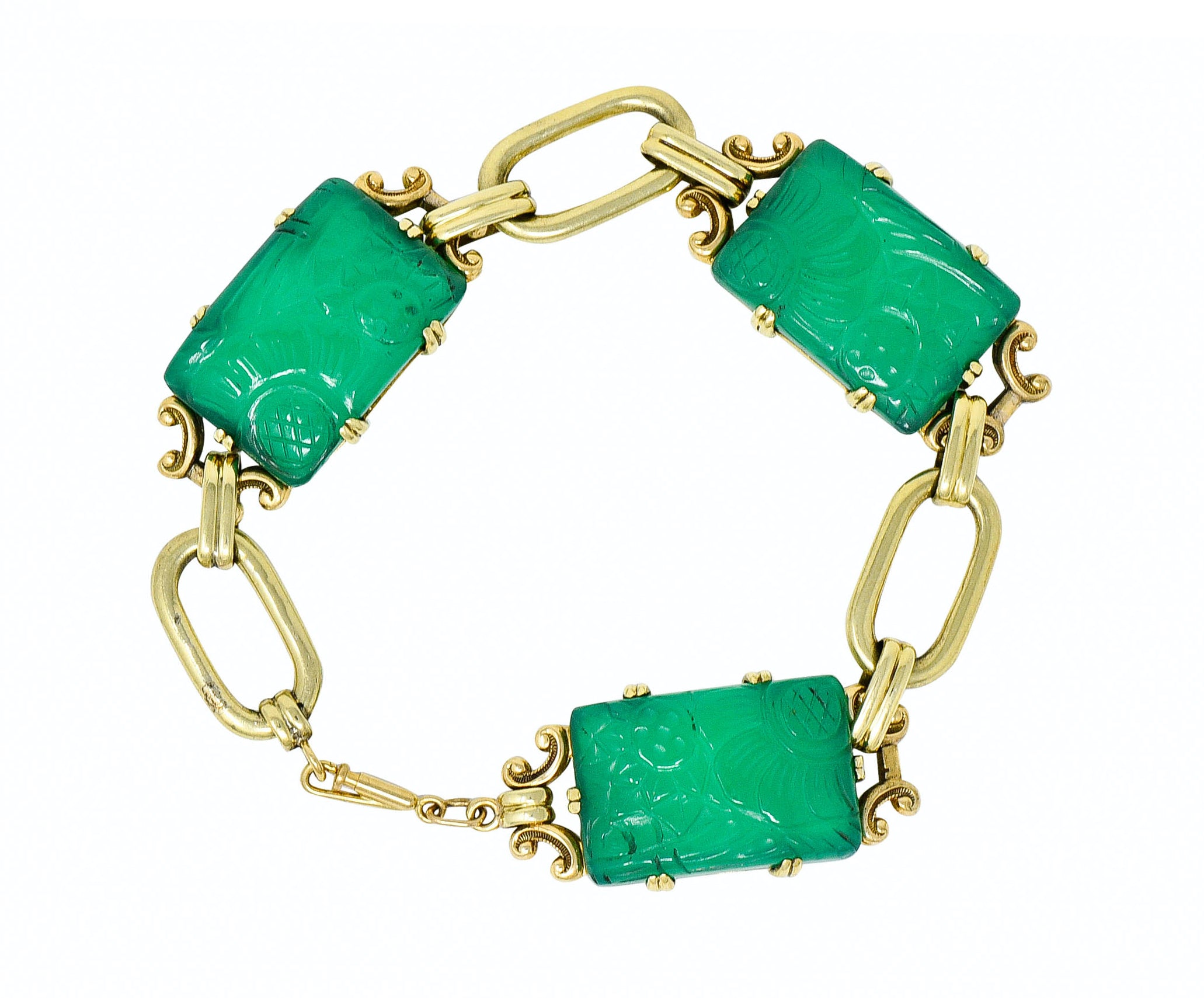 Art Deco Carved Chrysoprase 14 Karat Gold Link Bracelet Circa 1930 - Wilson's Estate Jewelry