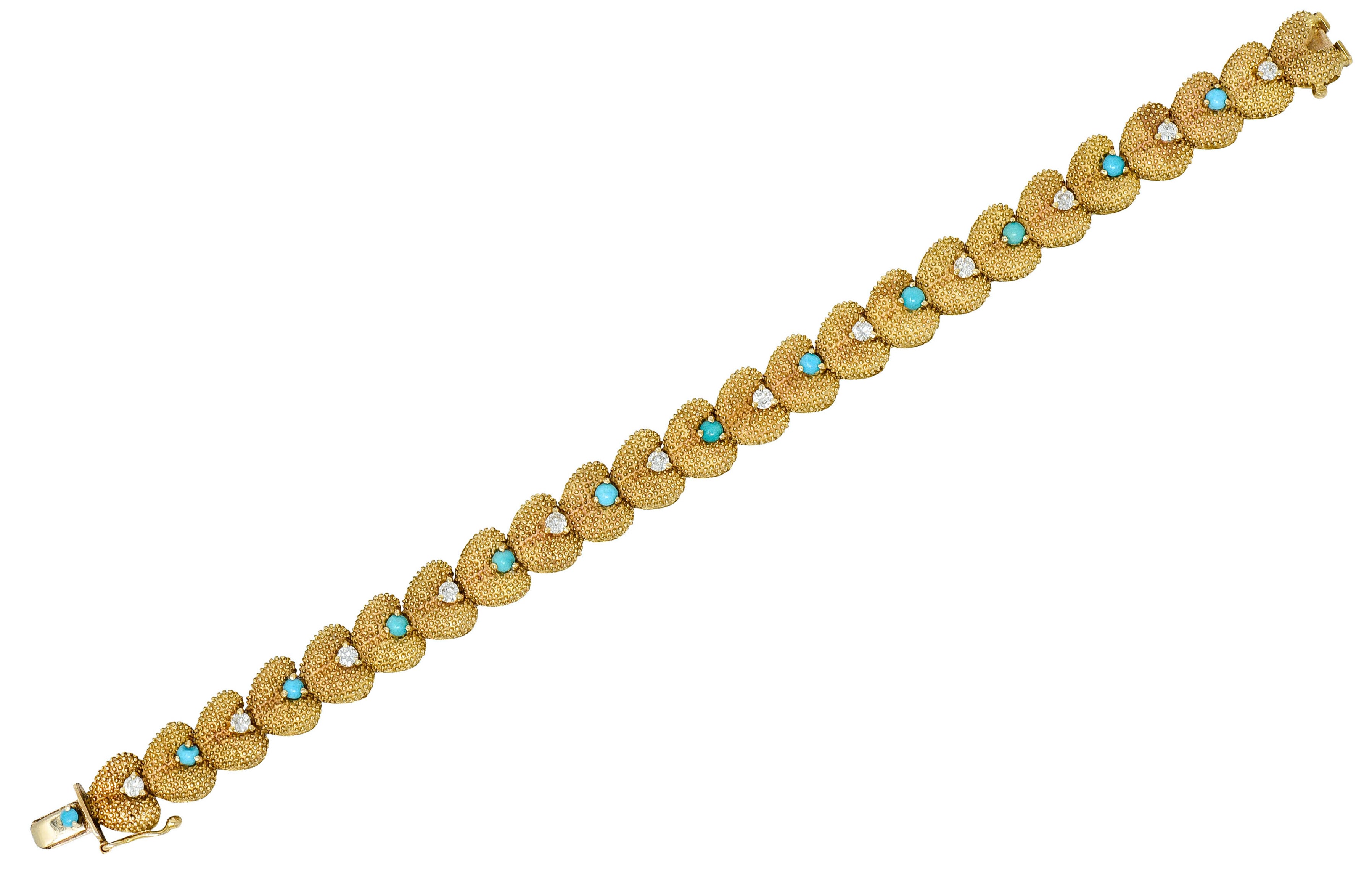 1960's House of La Triomphe Diamond Turquoise 14 Karat Gold Heart Link Bracelet - Wilson's Estate Jewelry