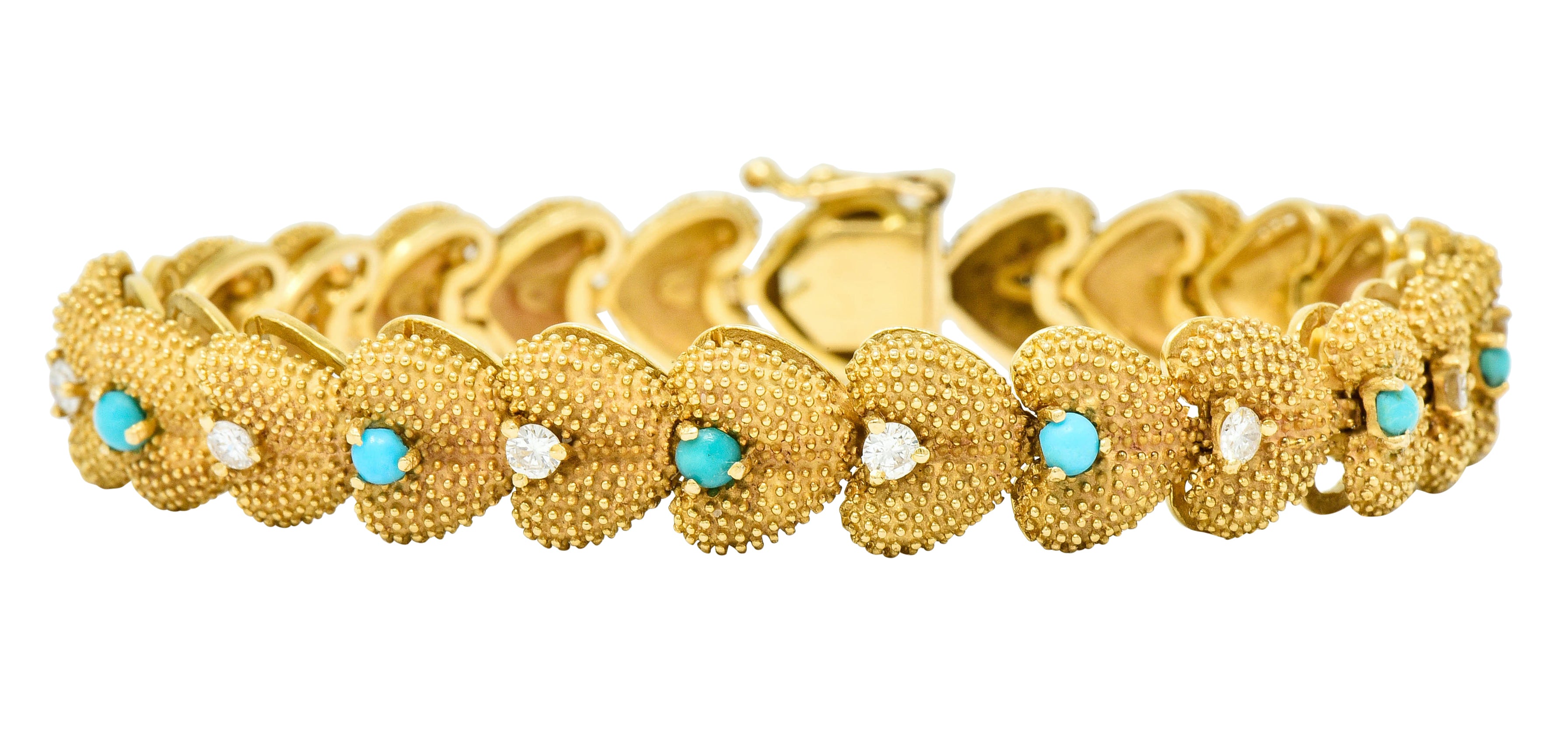 1960's House of La Triomphe Diamond Turquoise 14 Karat Gold Heart Link Bracelet - Wilson's Estate Jewelry