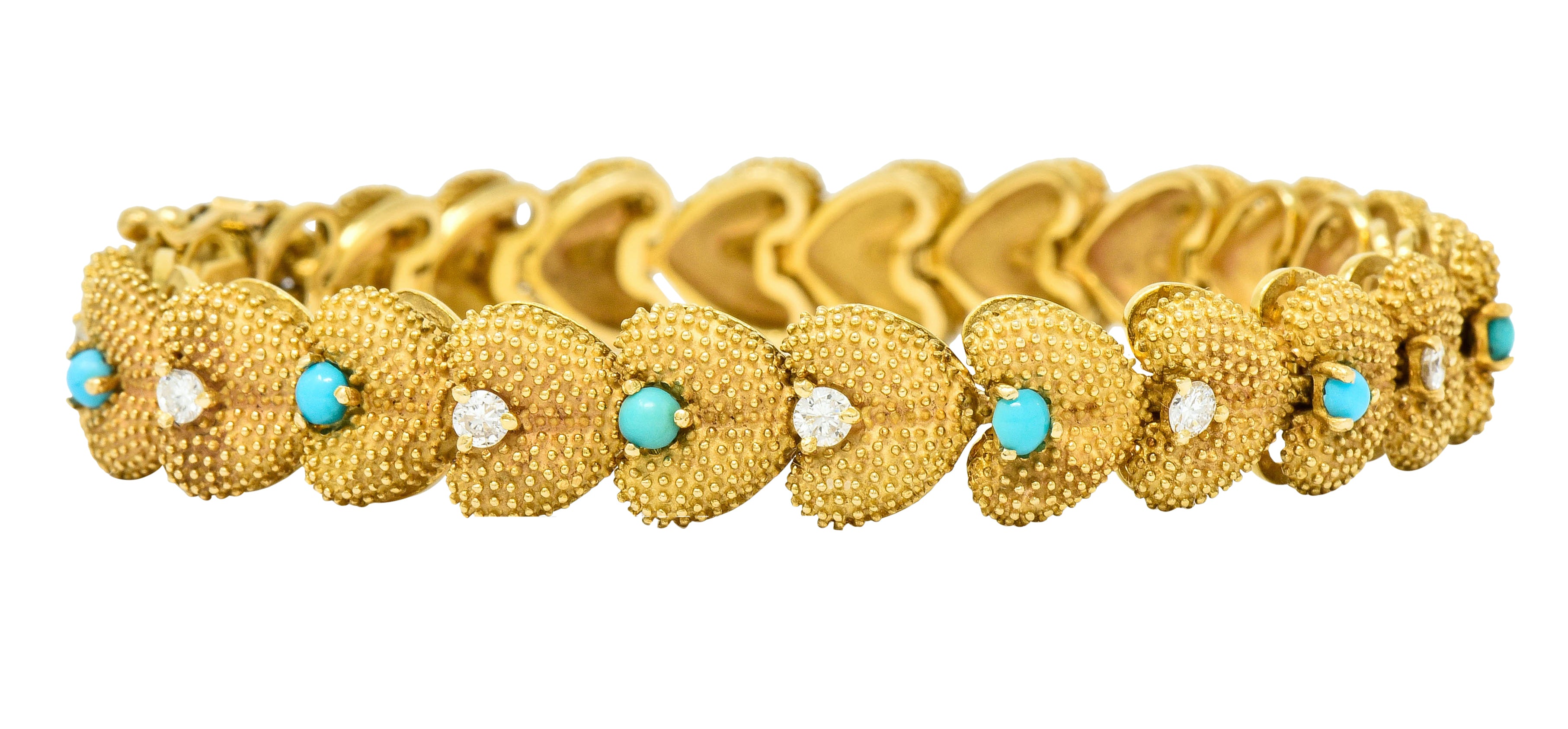 1960's House of La Triomphe Diamond Turquoise 14 Karat Gold Heart Link Bracelet - Wilson's Estate Jewelry