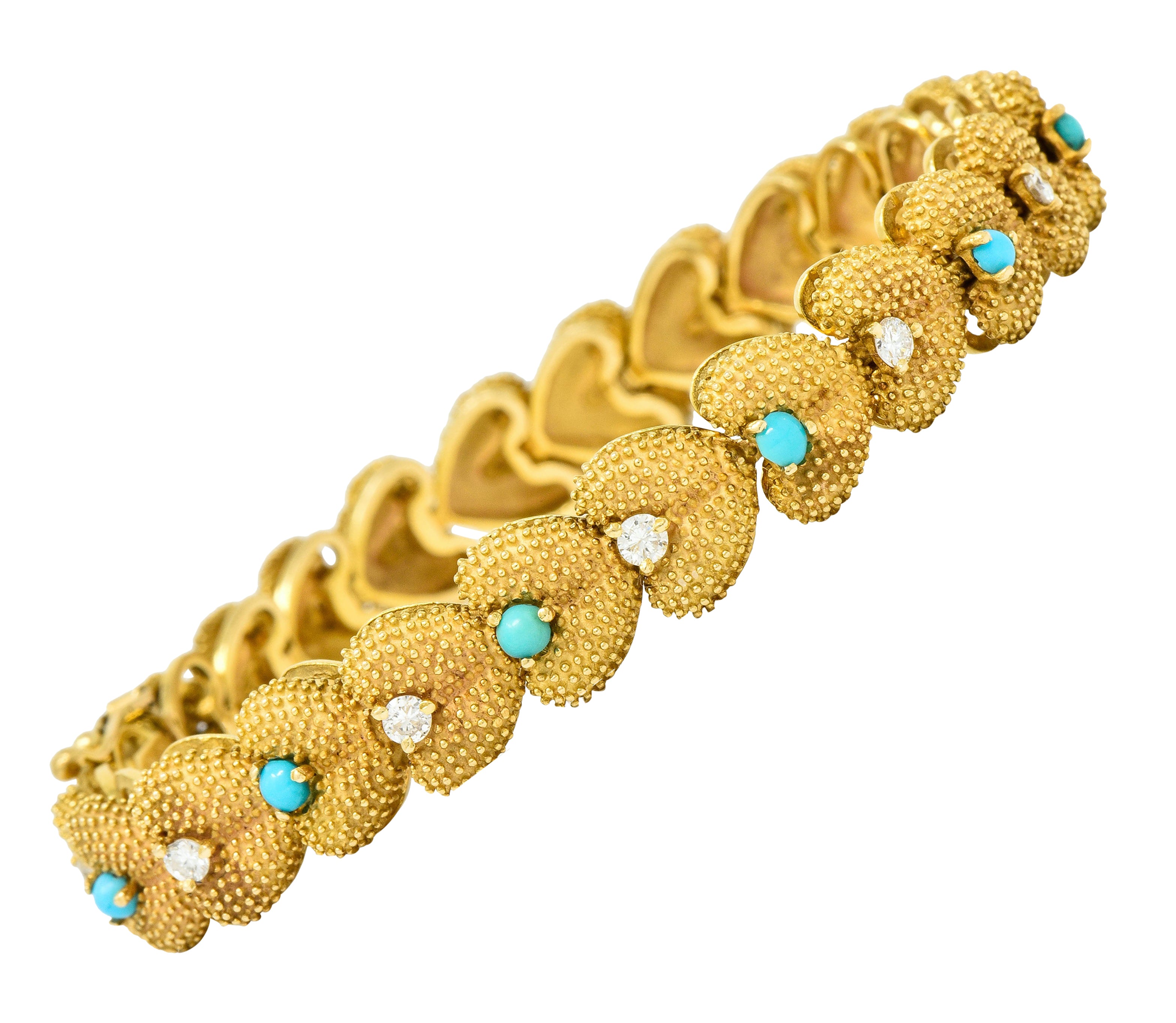 1960's House of La Triomphe Diamond Turquoise 14 Karat Gold Heart Link Bracelet - Wilson's Estate Jewelry