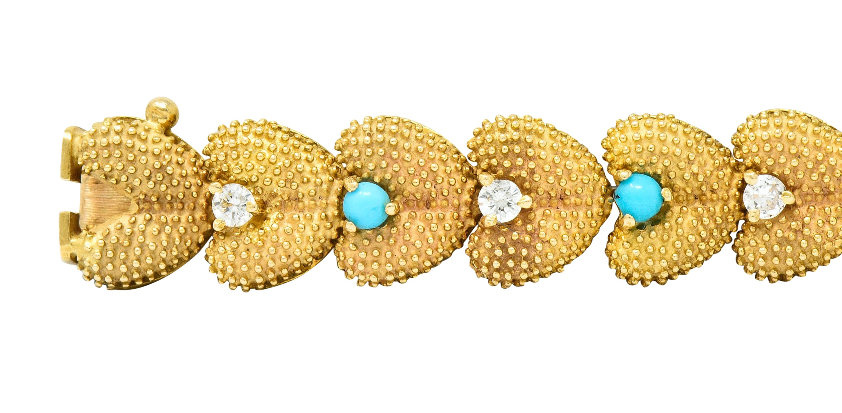 1960's House of La Triomphe Diamond Turquoise 14 Karat Gold Heart Link Bracelet - Wilson's Estate Jewelry