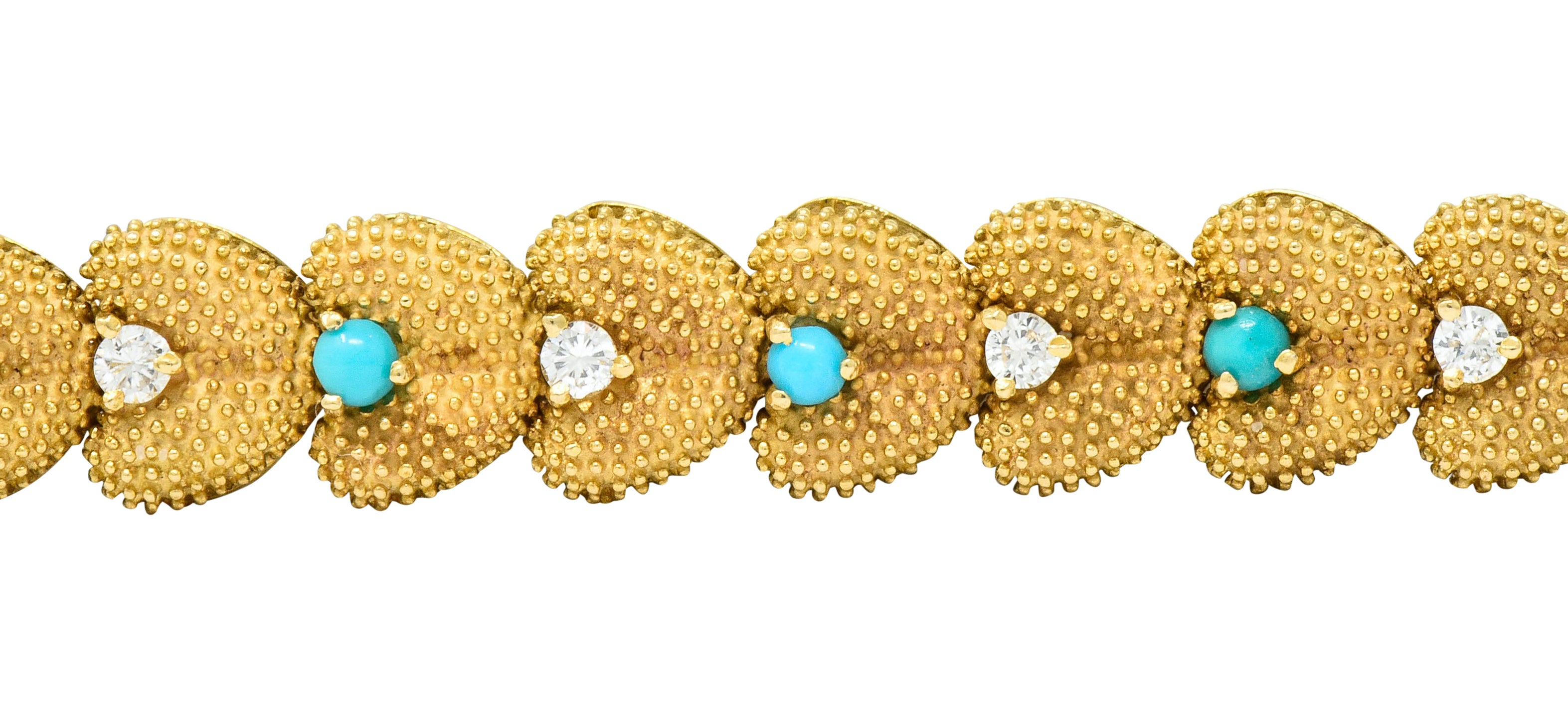 1960's House of La Triomphe Diamond Turquoise 14 Karat Gold Heart Link Bracelet - Wilson's Estate Jewelry