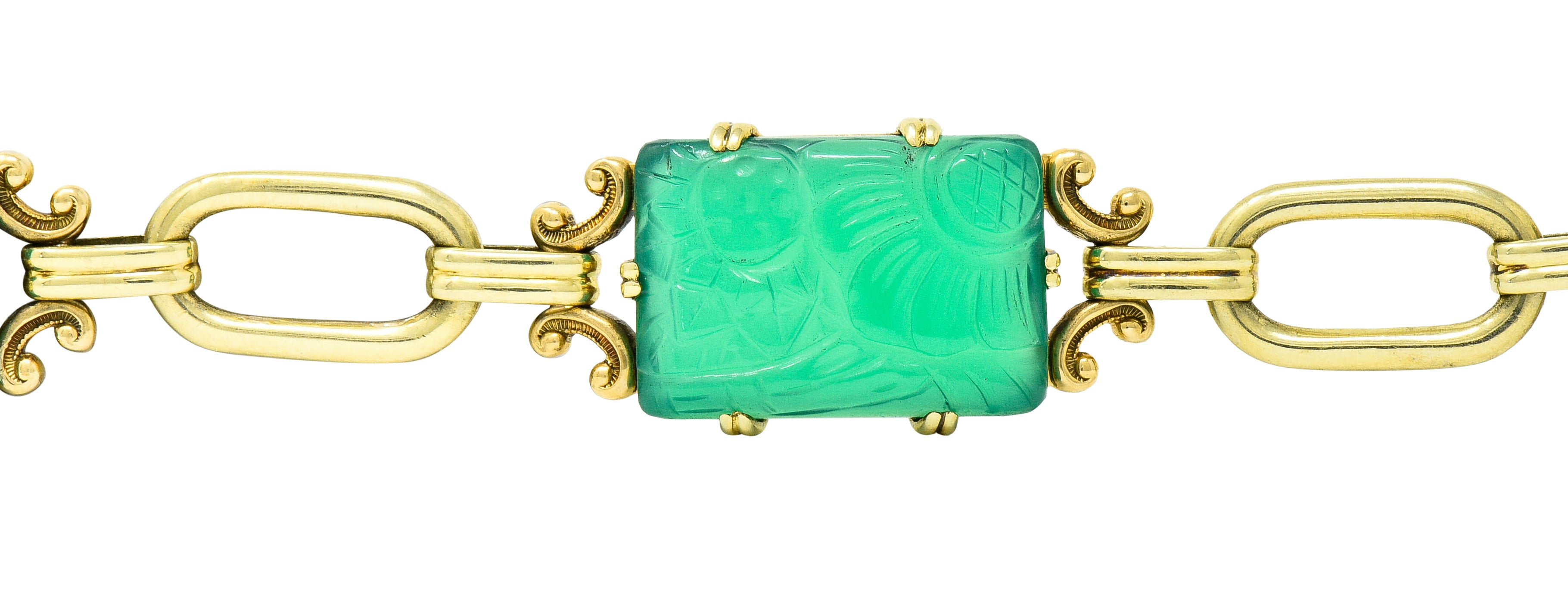 Art Deco Carved Chrysoprase 14 Karat Gold Link Bracelet Circa 1930 - Wilson's Estate Jewelry