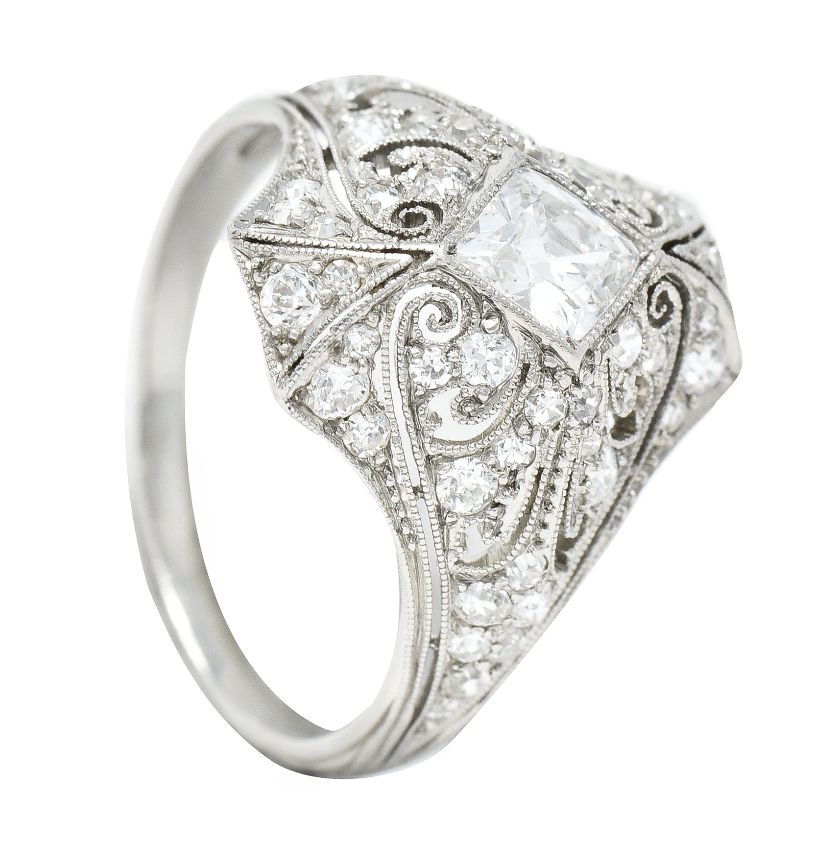 .11111 Edwardian 1.14 CTW French Cut Diamond Platinum Scrolling Antique Dinner Ring Wilson's Estate Jewelry