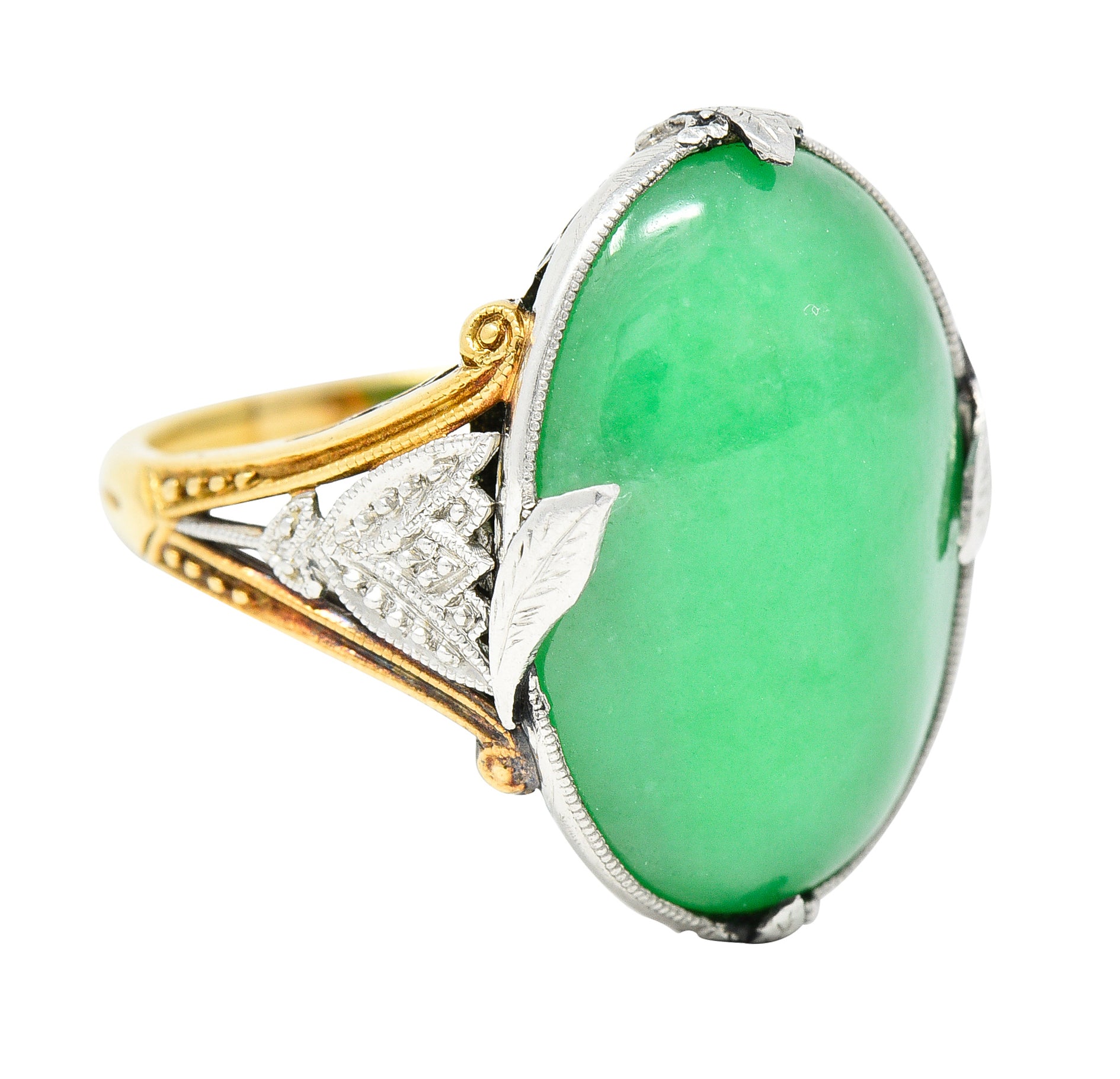 Edwardian Natural Jadeite Jade Cabochon Platinum 18 Karat Yellow Gold Lotus Antique Ring GIA Wilson's Estate Jewelry