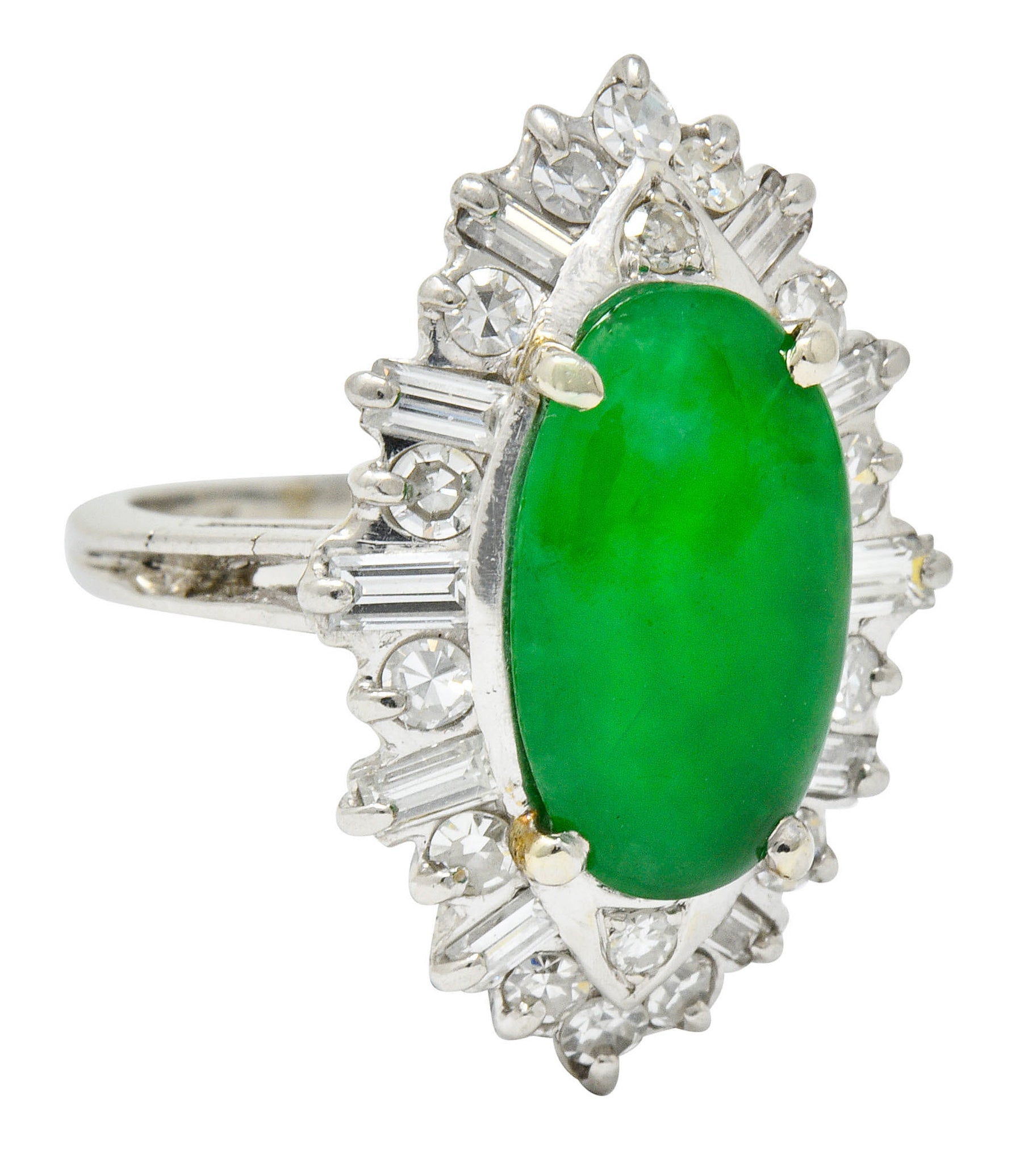 Mid-Century Jadeite Jade 1.26 CTW Diamond Platinum Navette Cluster Ring GIARing - Wilson's Estate Jewelry