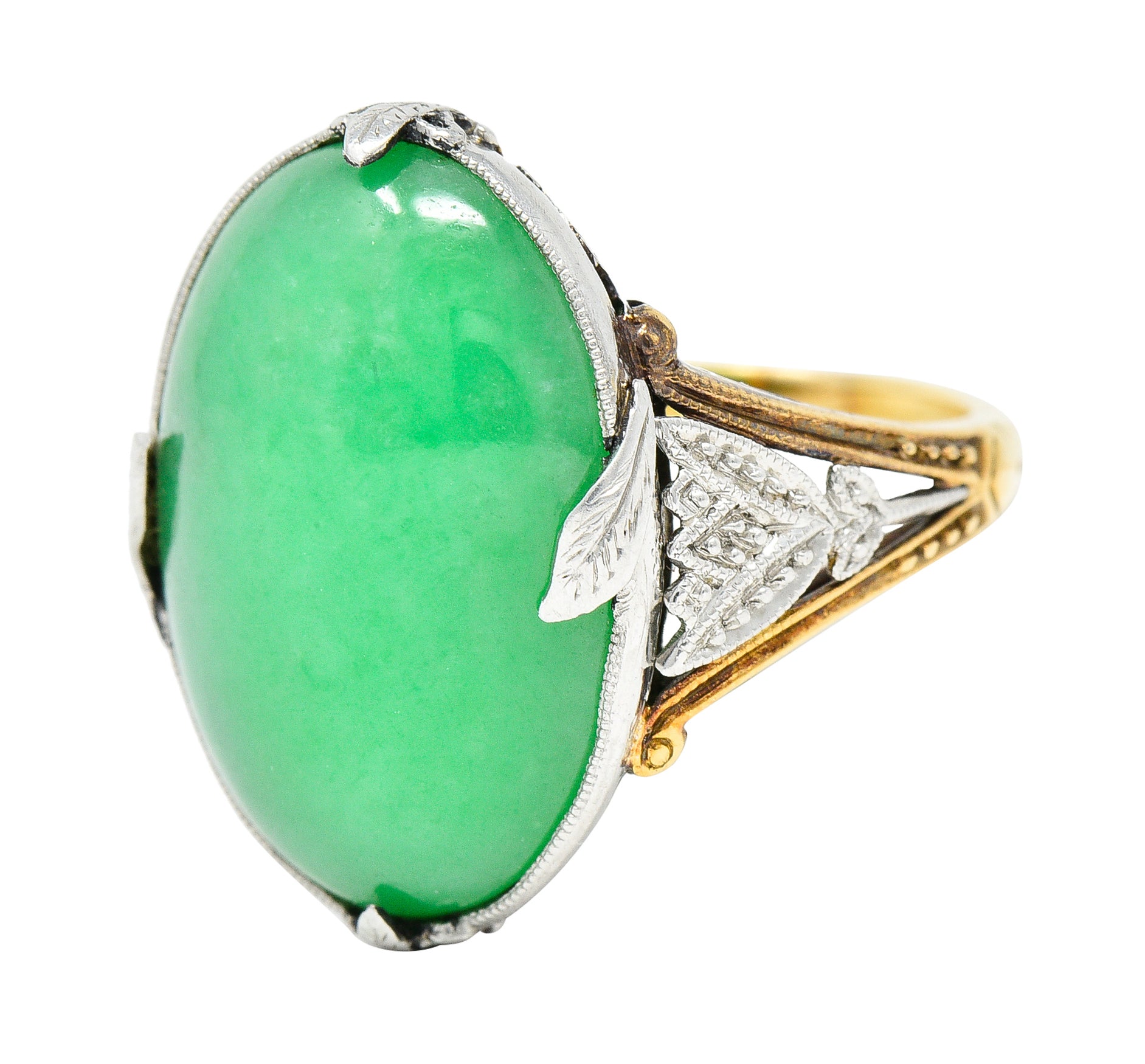 Edwardian Natural Jadeite Jade Cabochon Platinum 18 Karat Yellow Gold Lotus Antique Ring GIA Wilson's Estate Jewelry