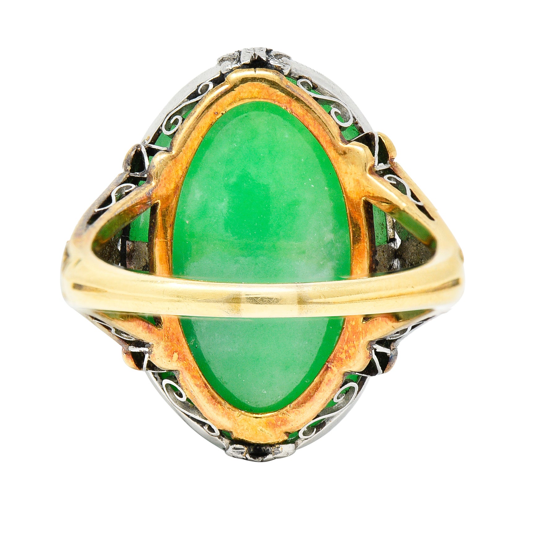 Edwardian Natural Jadeite Jade Cabochon Platinum 18 Karat Yellow Gold Lotus Antique Ring GIA Wilson's Estate Jewelry