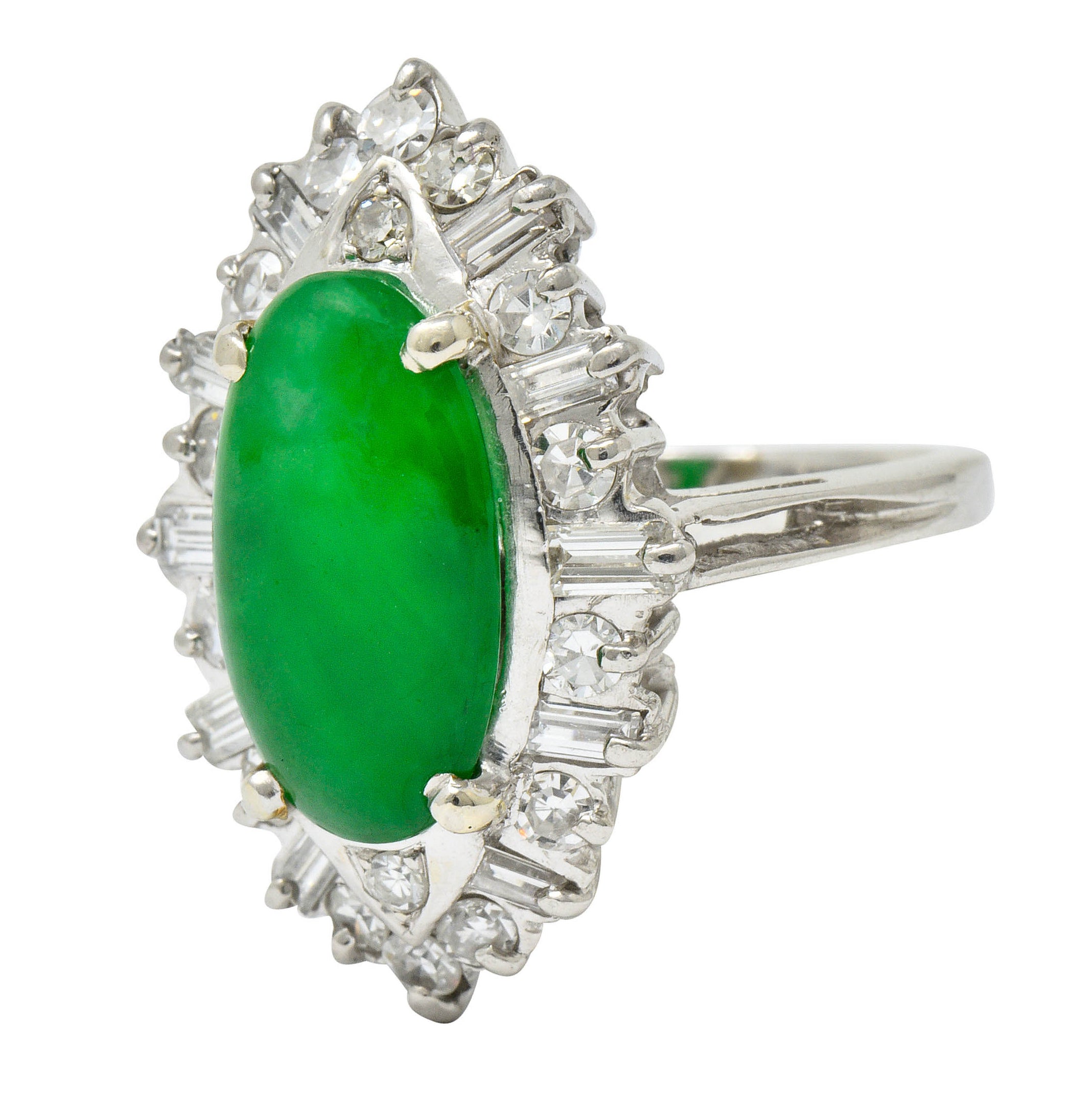 Mid-Century Jadeite Jade 1.26 CTW Diamond Platinum Navette Cluster Ring GIARing - Wilson's Estate Jewelry