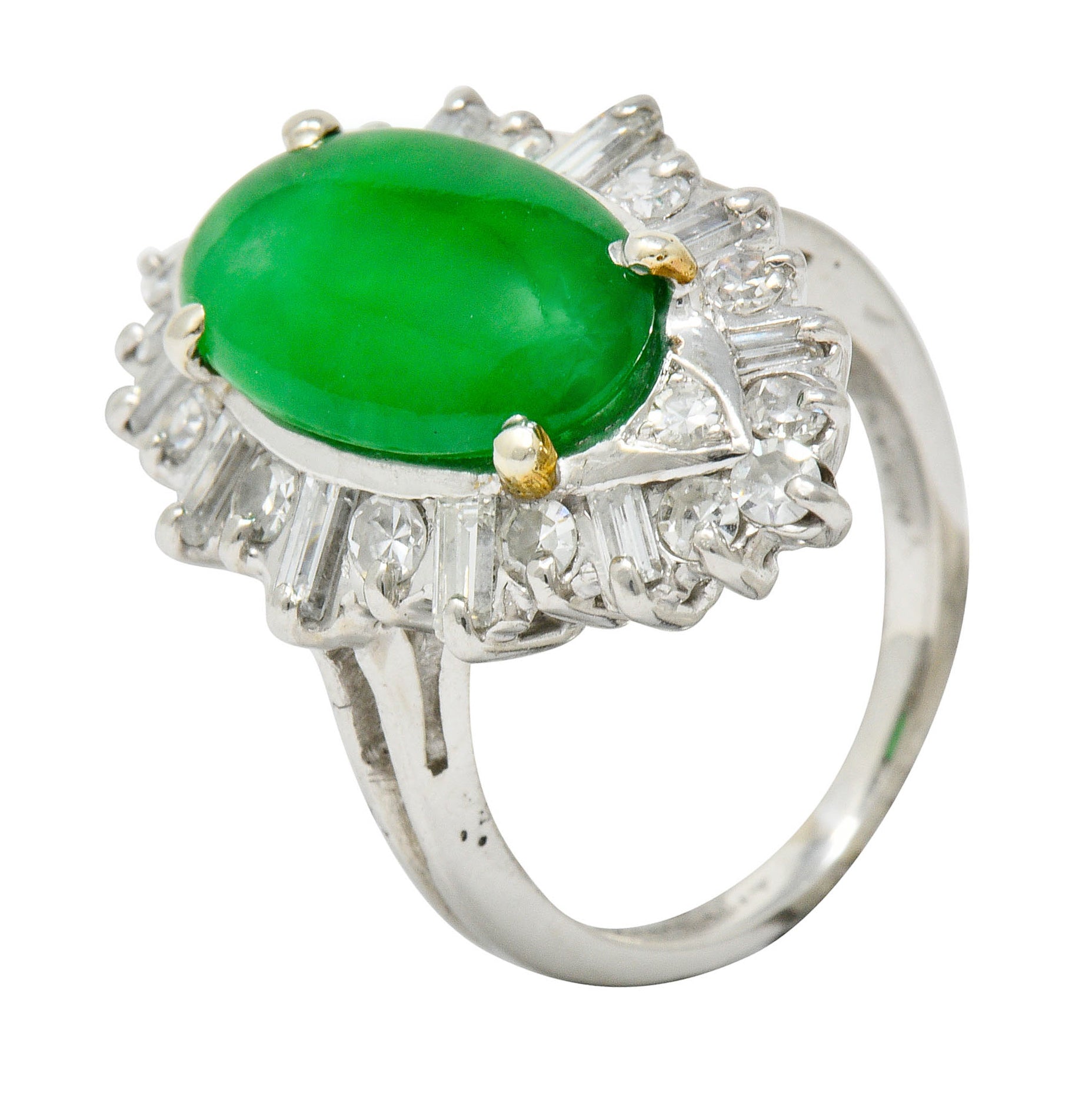 Mid-Century Jadeite Jade 1.26 CTW Diamond Platinum Navette Cluster Ring GIARing - Wilson's Estate Jewelry