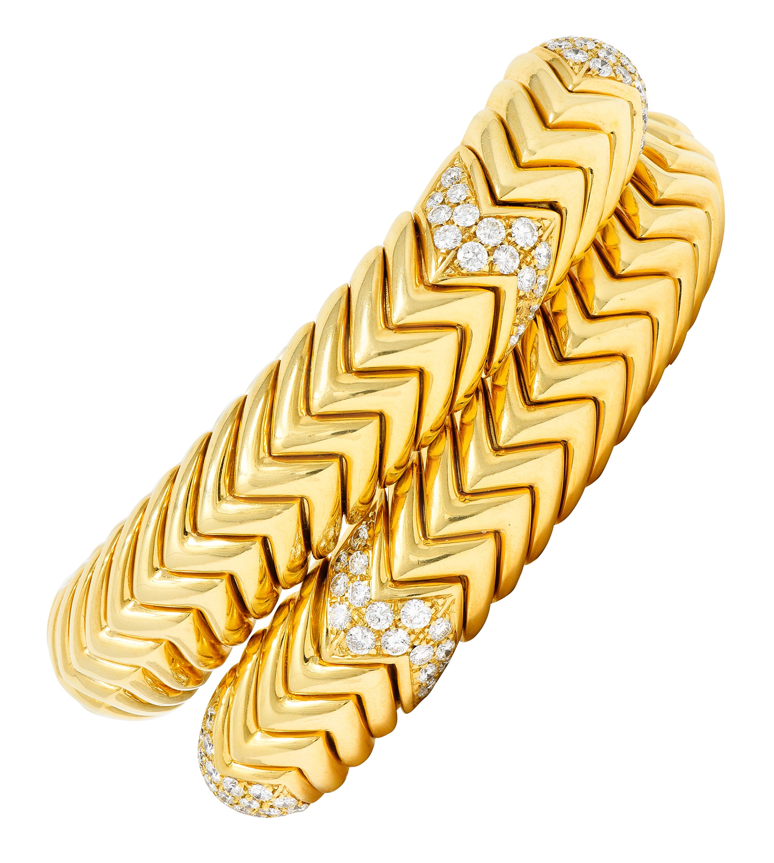 Bulgari Diamond 18 Karat Yellow Gold Spiga Cuff Bracelet Wilson's Antique & Estate Jewelry