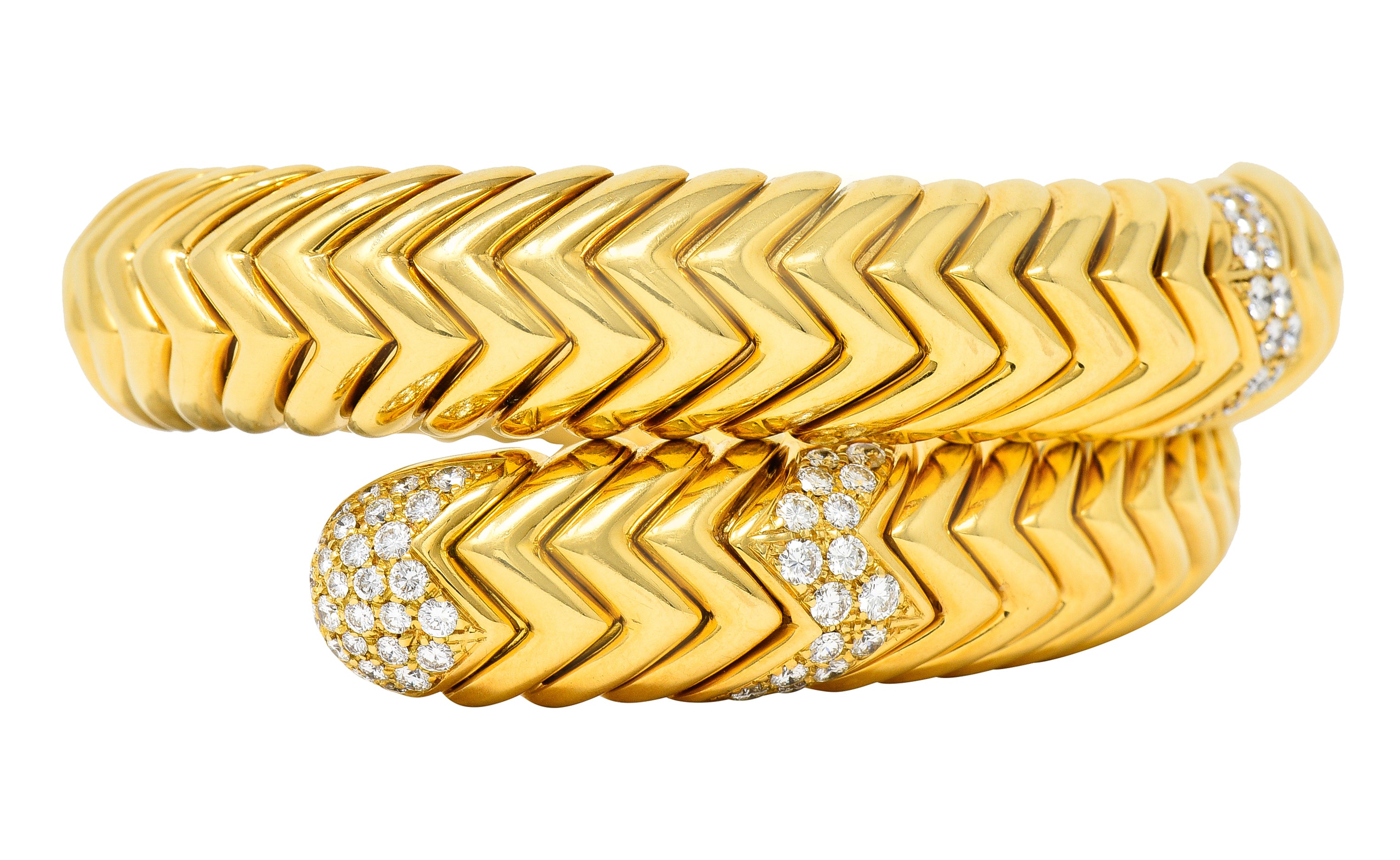 Bulgari Diamond 18 Karat Yellow Gold Spiga Cuff Bracelet Wilson's Antique & Estate Jewelry