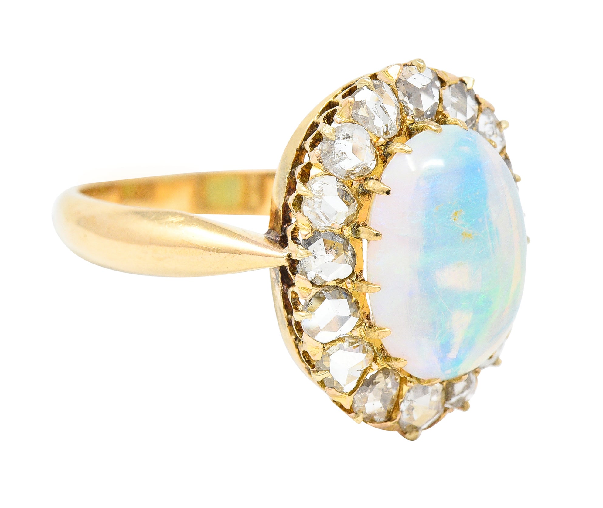 Victorian Opal Cabochon Diamond 18 Karat Yellow Gold Antique Halo Ring Wilson's Estate Jewelry