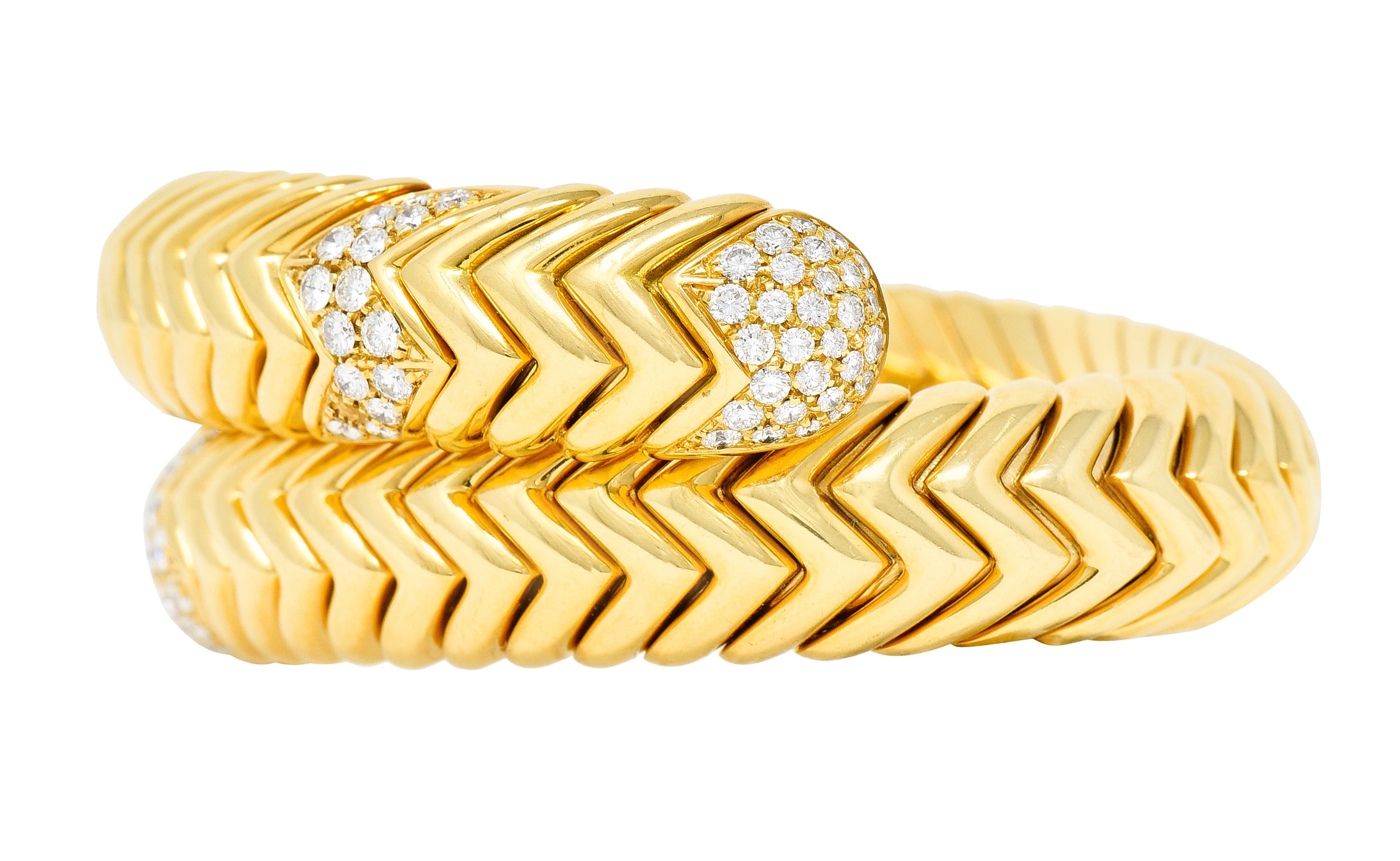 Bulgari Diamond 18 Karat Yellow Gold Spiga Cuff Bracelet Wilson's Antique & Estate Jewelry