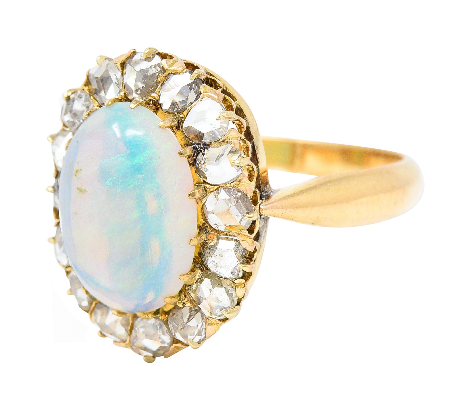 Victorian Opal Cabochon Diamond 18 Karat Yellow Gold Antique Halo Ring Wilson's Estate Jewelry