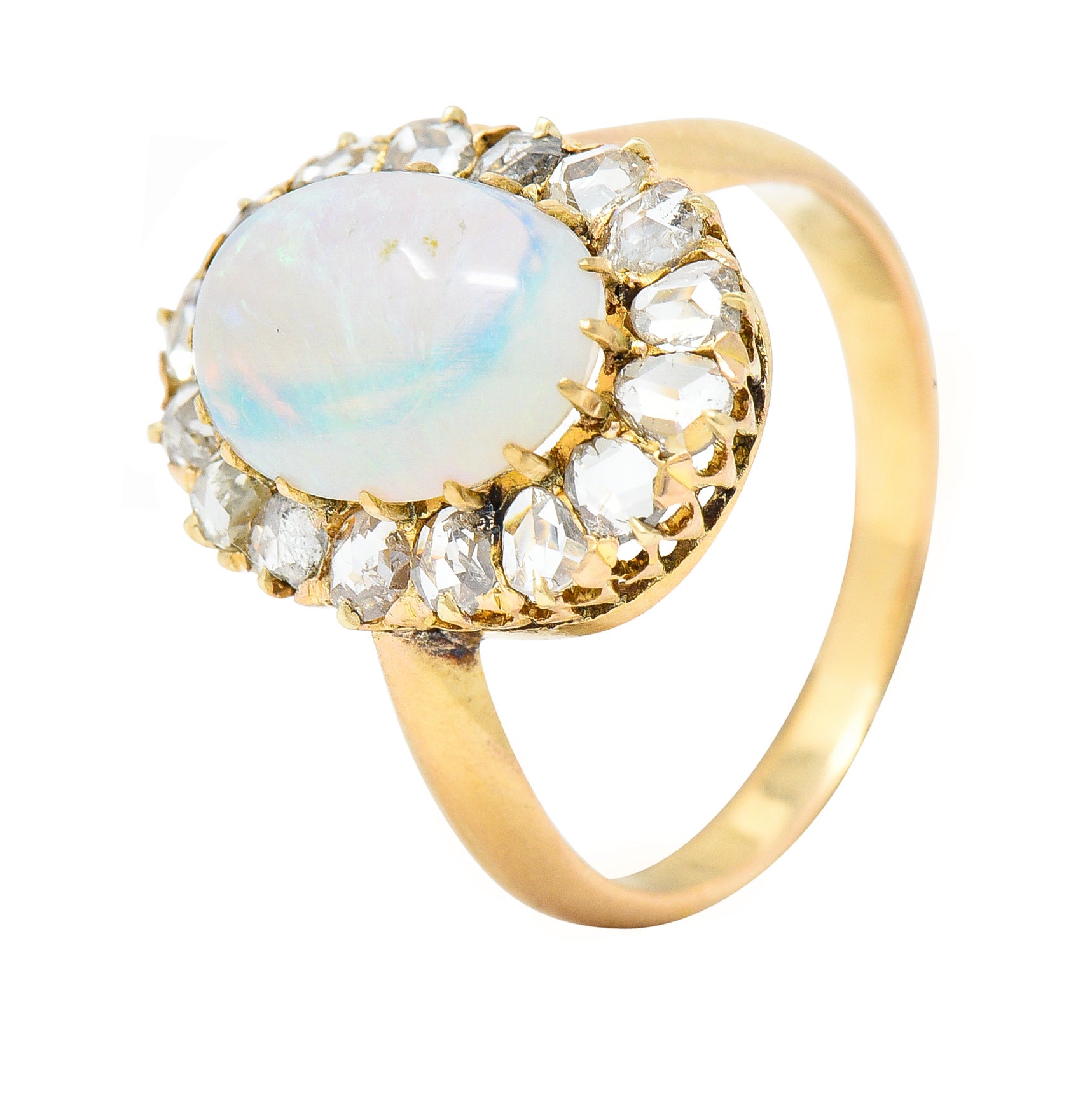 Victorian Opal Cabochon Diamond 18 Karat Yellow Gold Antique Halo Ring Wilson's Estate Jewelry