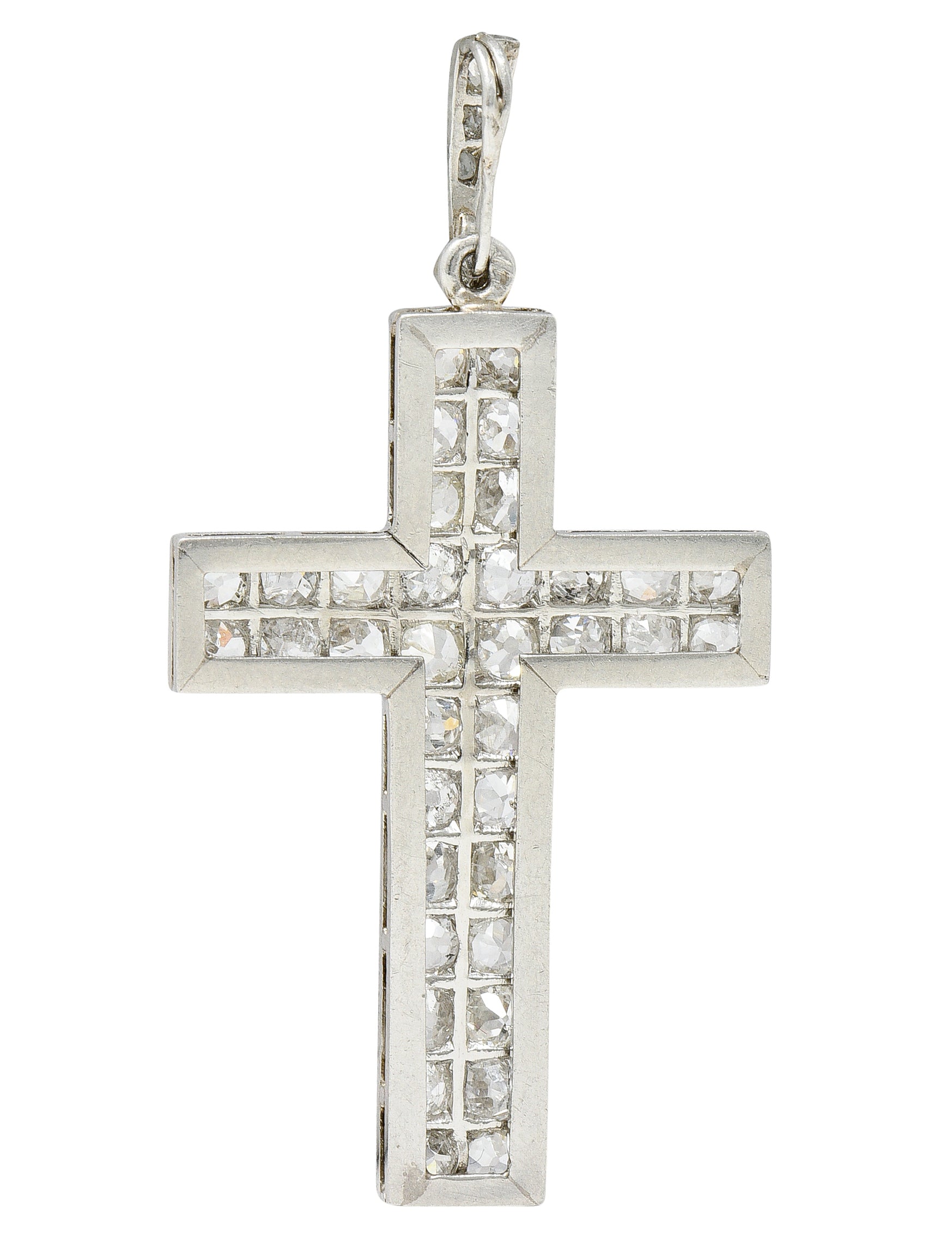 French Edwardian 3.50 CTW Pave Diamond Platinum Cross PendantNecklace - Wilson's Estate Jewelry