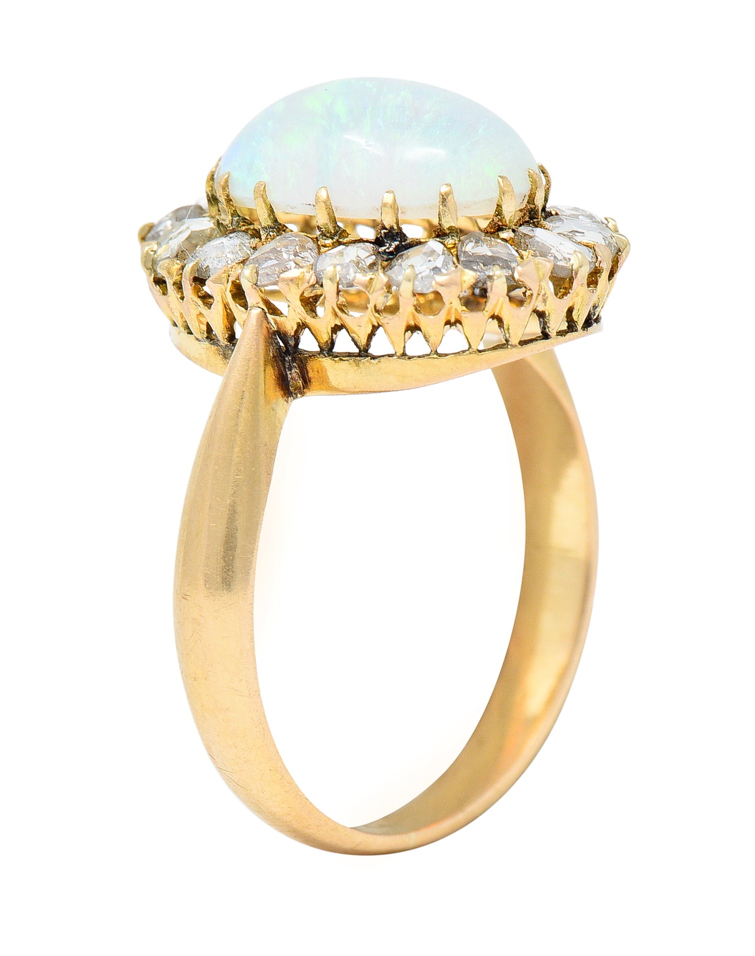 Victorian Opal Cabochon Diamond 18 Karat Yellow Gold Antique Halo Ring Wilson's Estate Jewelry