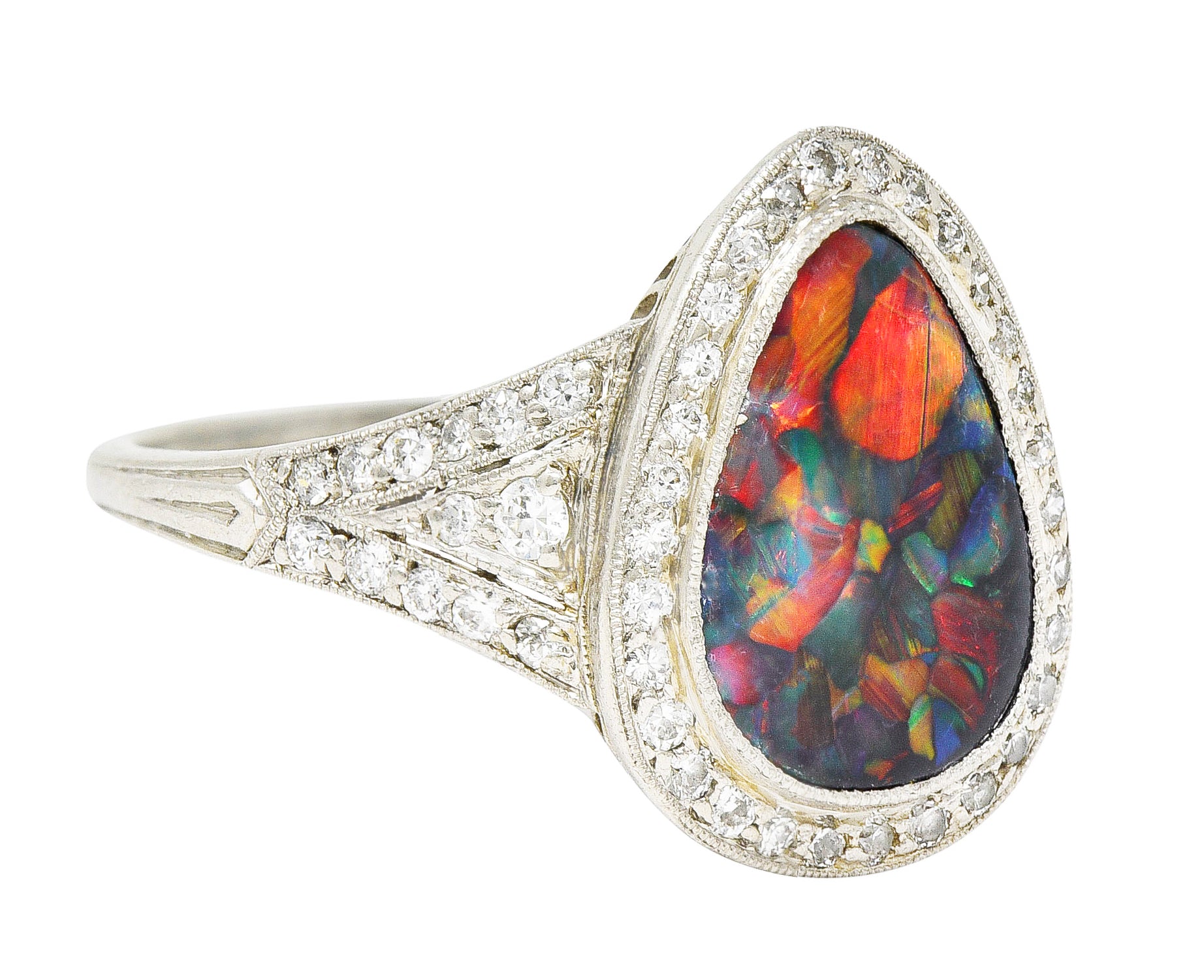 1925 Art Deco Black Opal Diamond Platinum Gemstone Ring Wilson's Estate Jewelry