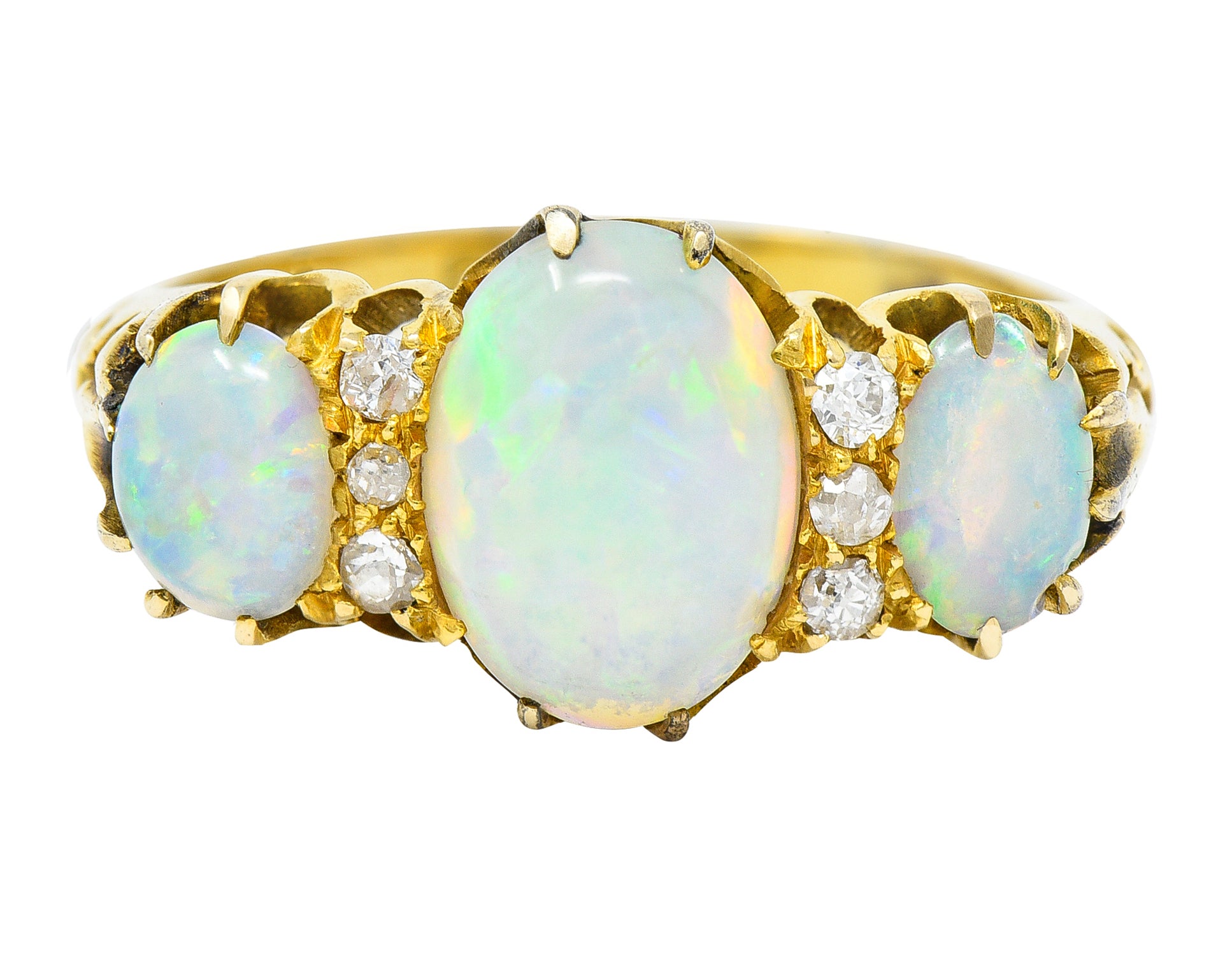 Victorian British Opal Cabochon Diamond 18 Karat Yellow Gold Belcher Three Stone Antique Ring Wilson's Estate Jewelry