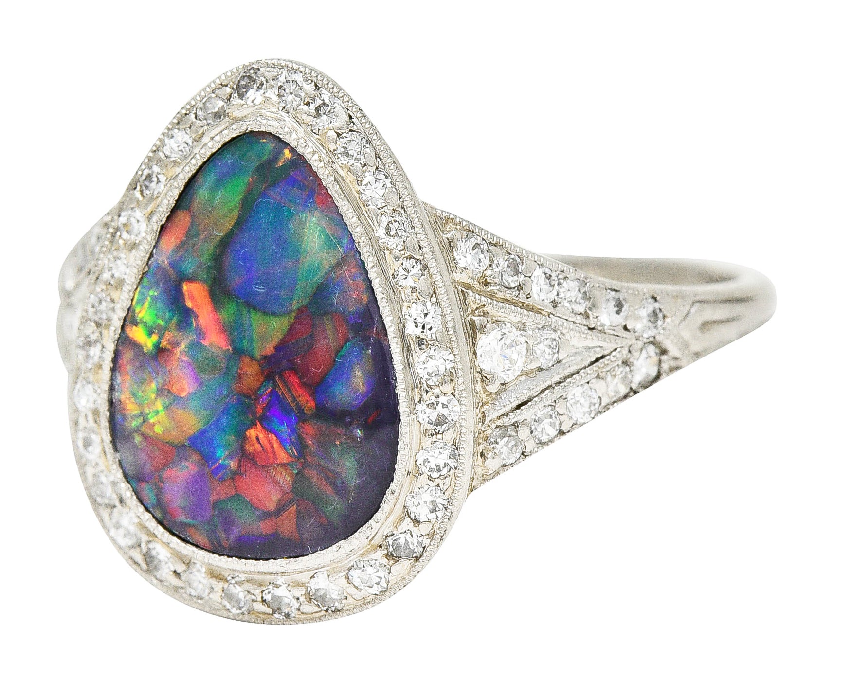 1925 Art Deco Black Opal Diamond Platinum Gemstone Ring Wilson's Estate Jewelry