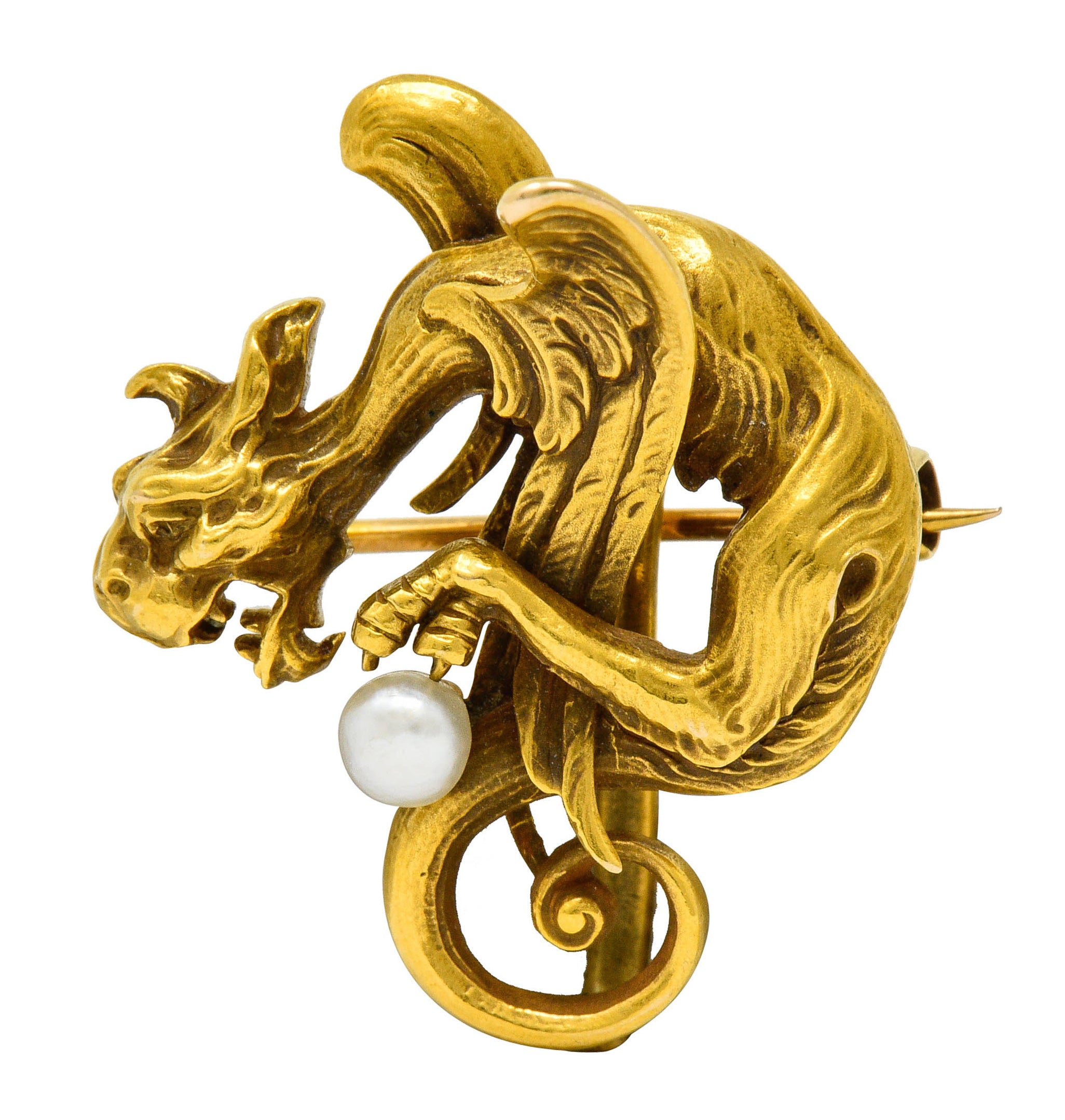 Art Nouveau Baroque Pearl 14 Karat Gold Gargoyle BroochBrooch - Wilson's Estate Jewelry