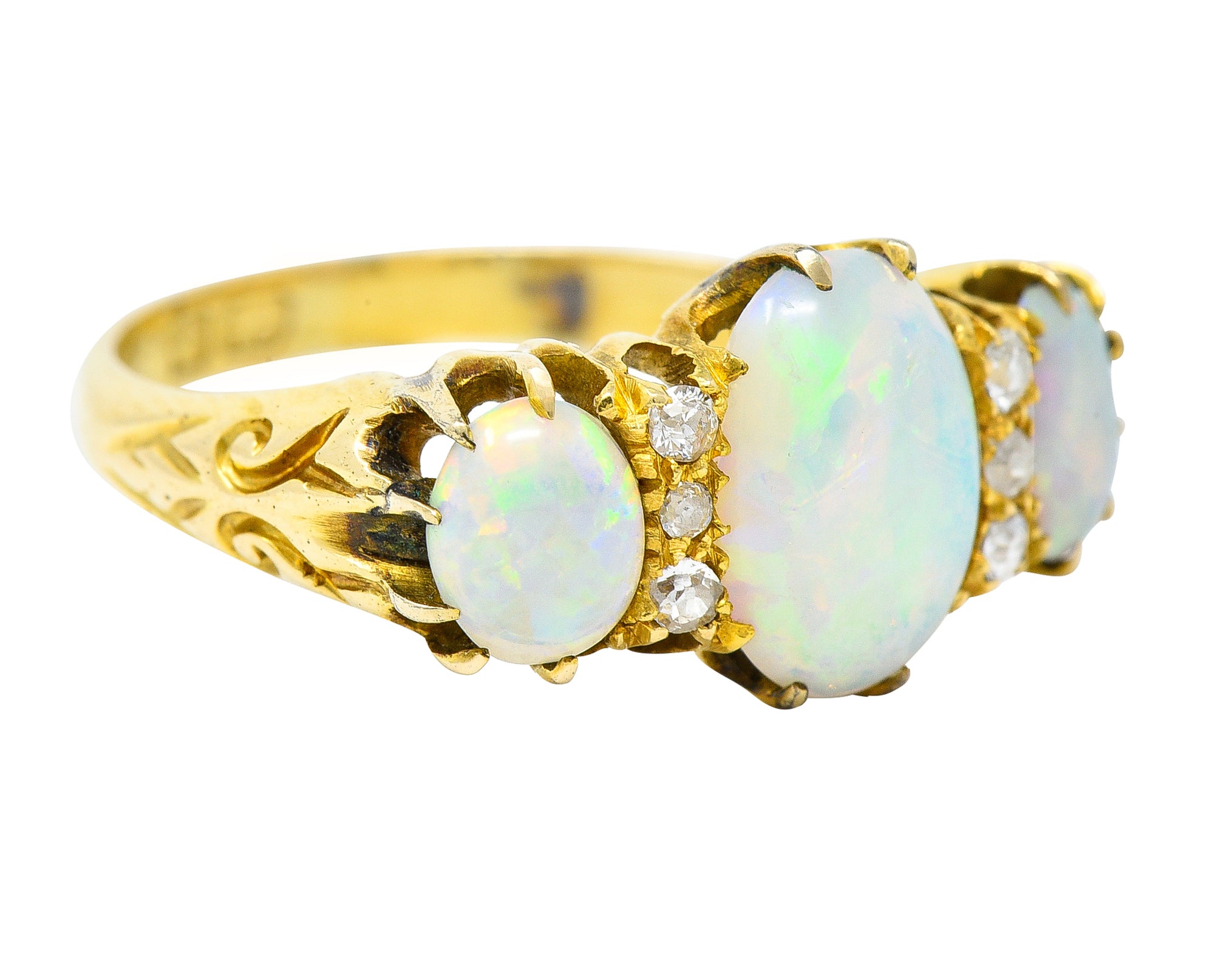 Victorian British Opal Cabochon Diamond 18 Karat Yellow Gold Belcher Three Stone Antique Ring Wilson's Estate Jewelry