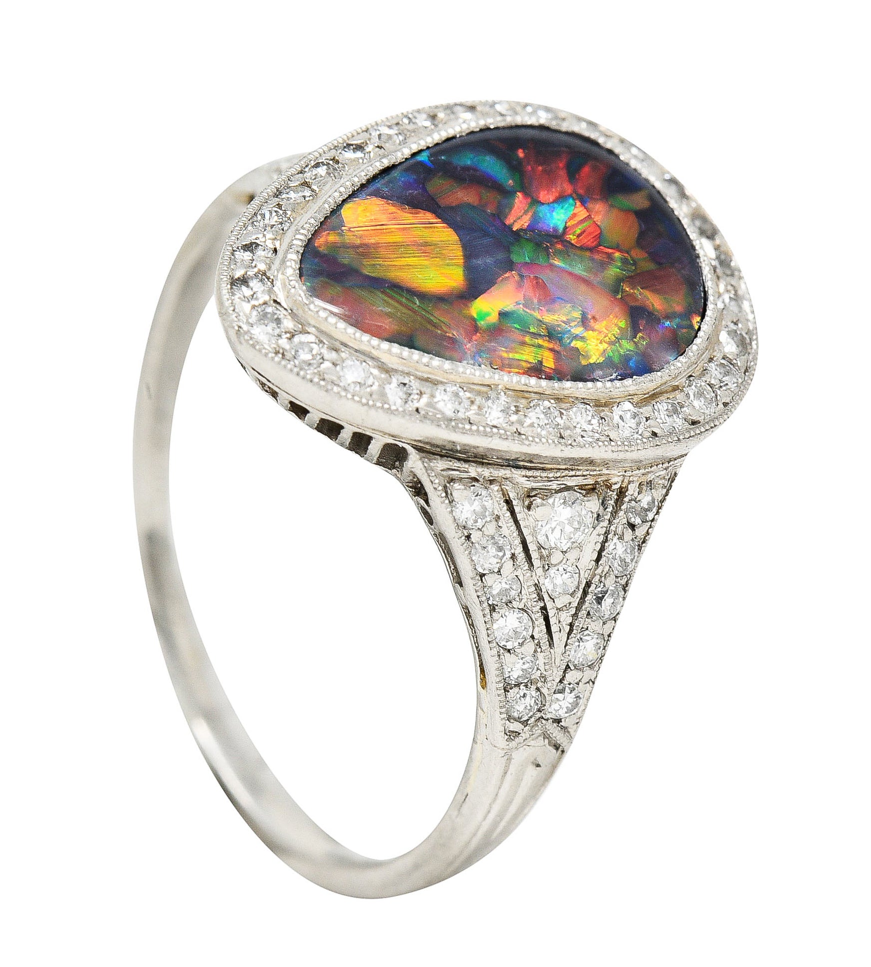 1925 Art Deco Black Opal Diamond Platinum Gemstone Ring Wilson's Estate Jewelry