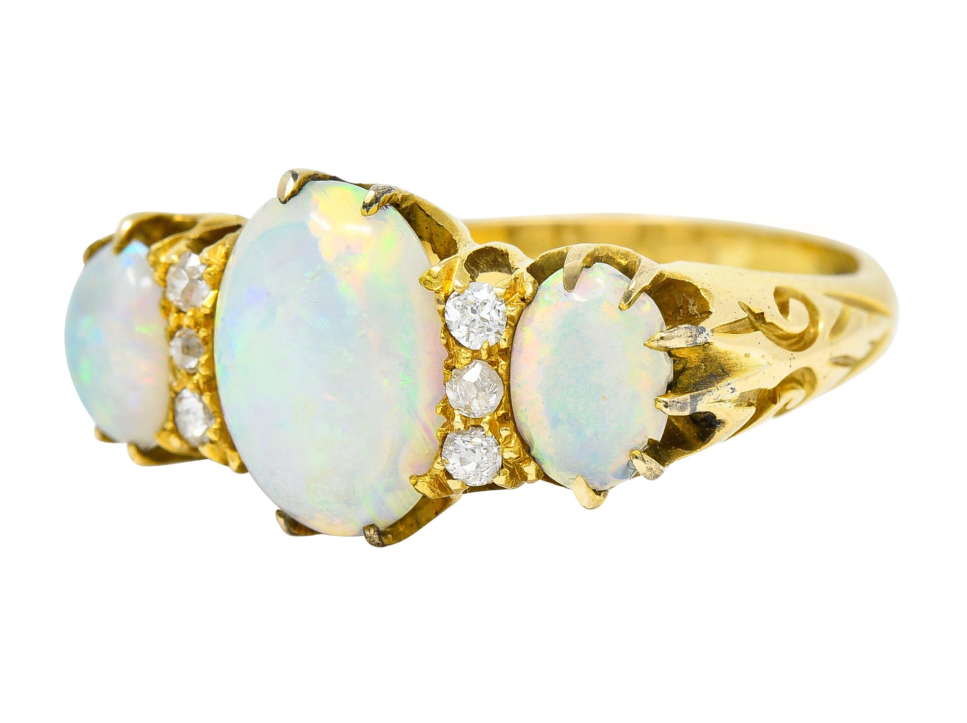 Victorian British Opal Cabochon Diamond 18 Karat Yellow Gold Belcher Three Stone Antique Ring Wilson's Estate Jewelry