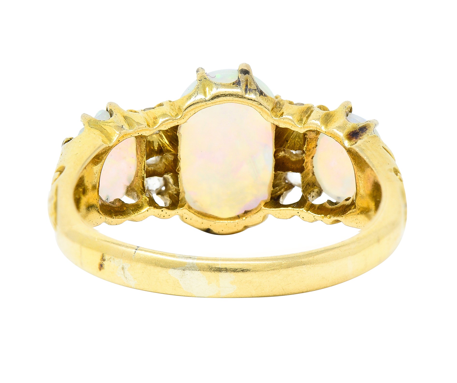 Victorian British Opal Cabochon Diamond 18 Karat Yellow Gold Belcher Three Stone Antique Ring Wilson's Estate Jewelry