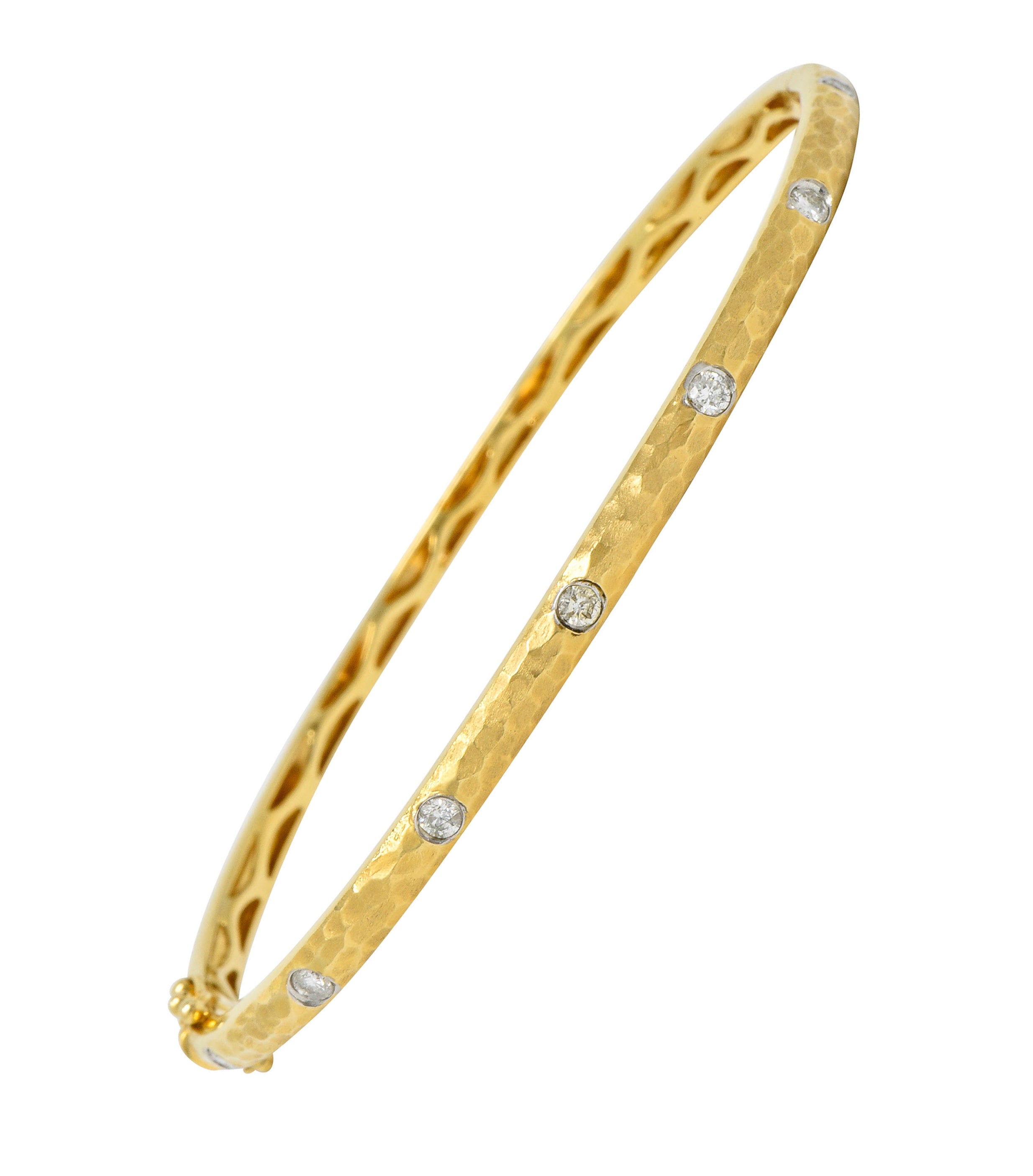 Modern 0.42 CTW Diamond 14 Karat Hammered Gold Bangle Braceletbracelet - Wilson's Estate Jewelry