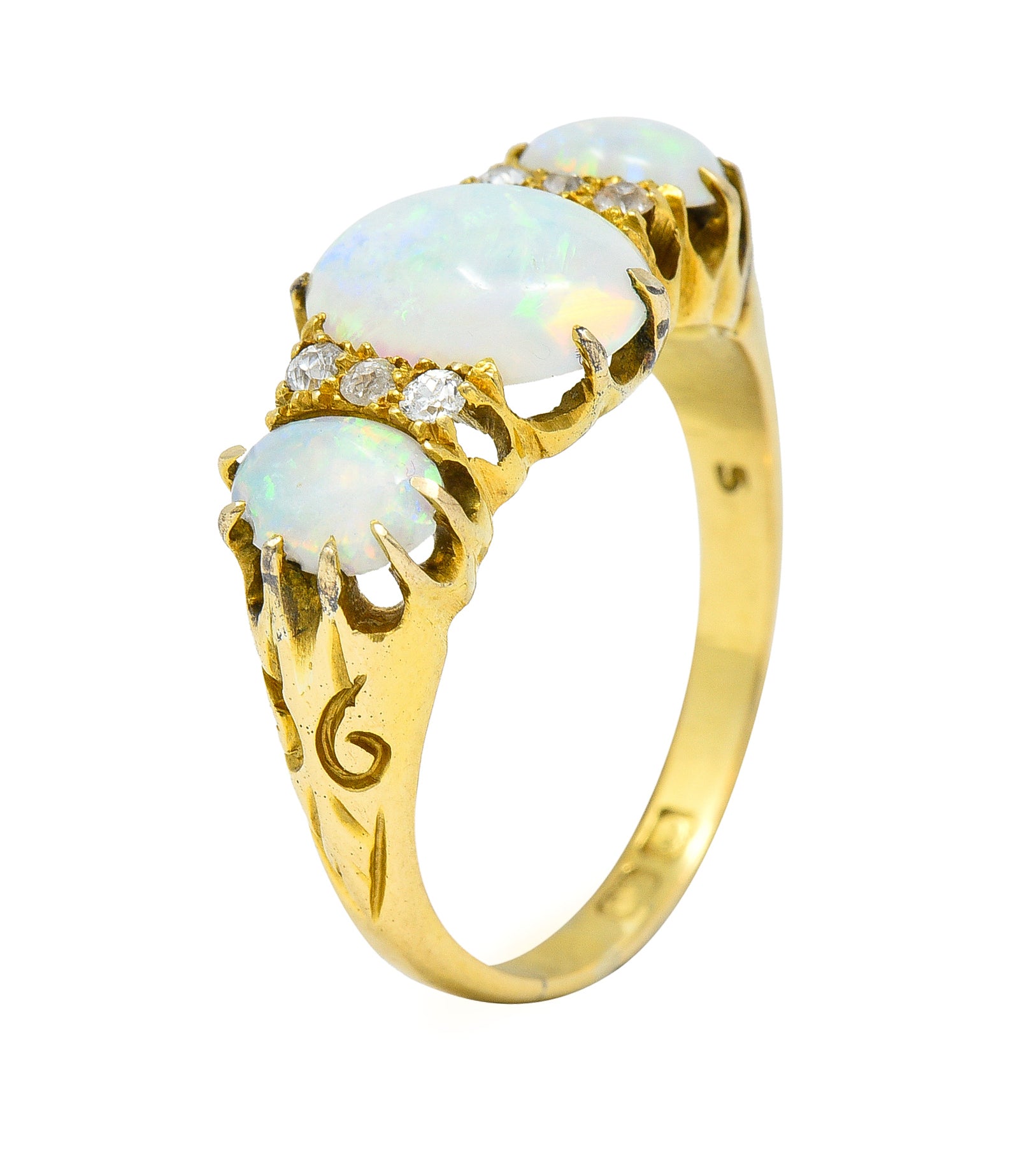 Victorian British Opal Cabochon Diamond 18 Karat Yellow Gold Belcher Three Stone Antique Ring Wilson's Estate Jewelry