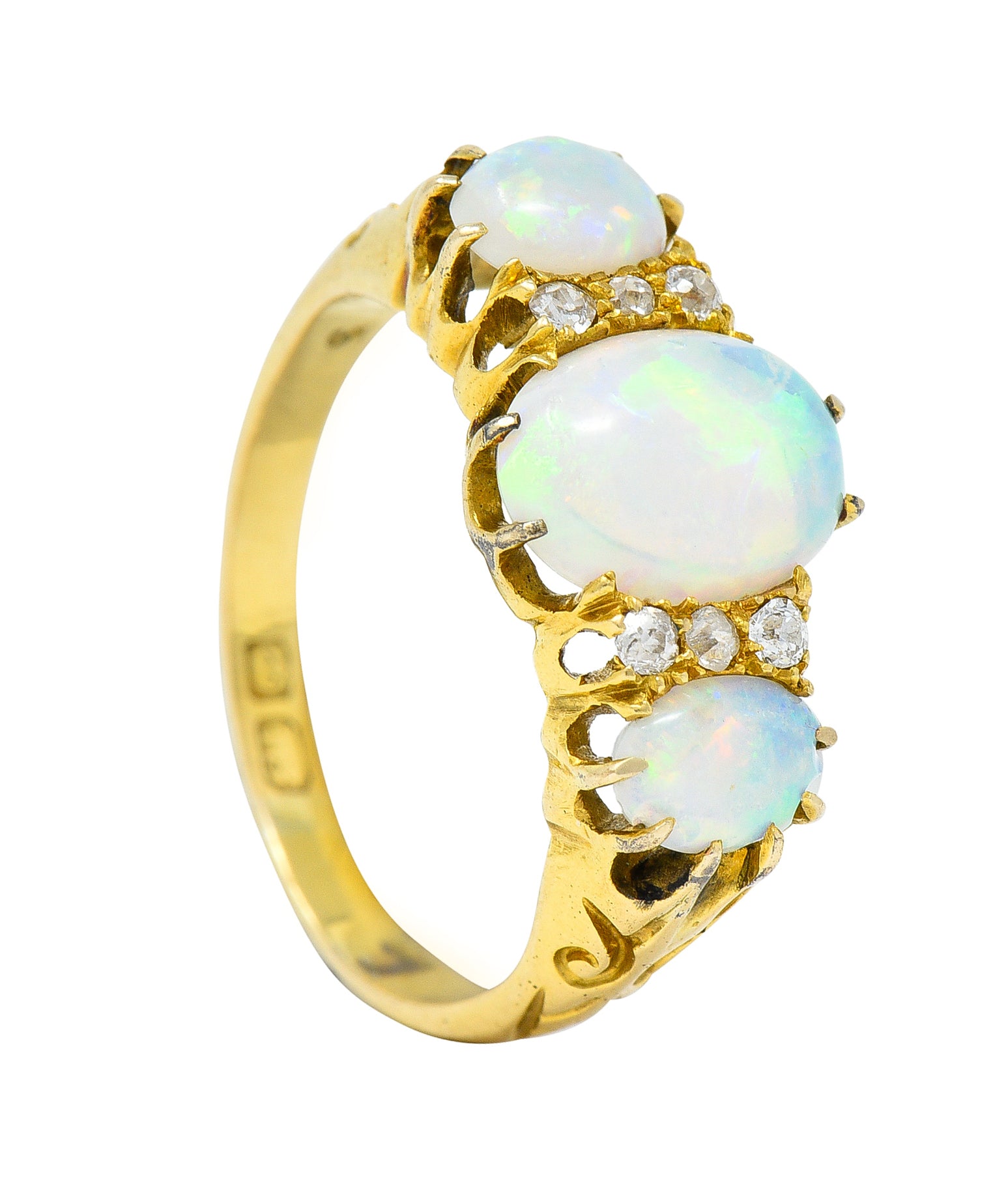 Victorian British Opal Cabochon Diamond 18 Karat Yellow Gold Belcher Three Stone Antique Ring Wilson's Estate Jewelry