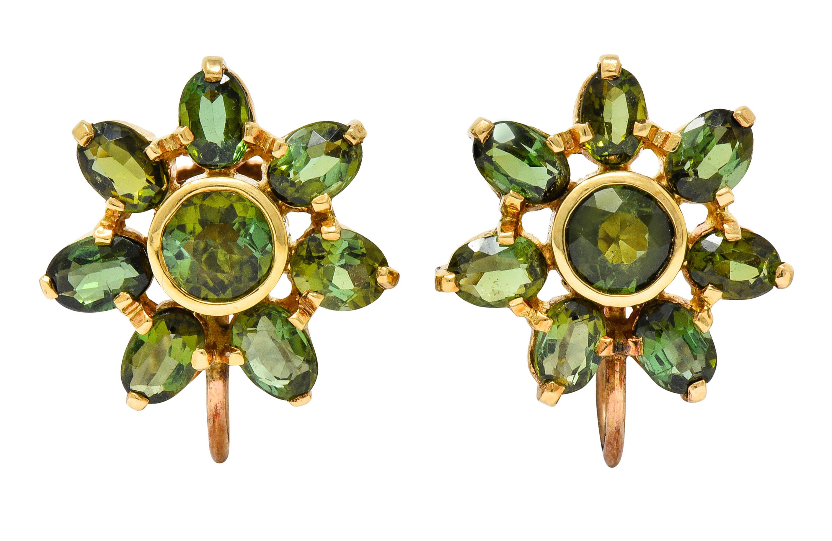 Tiffany & Co. Retro Green Tourmaline 14 Karat Gold Flower Screwback EarringsEarrings - Wilson's Estate Jewelry