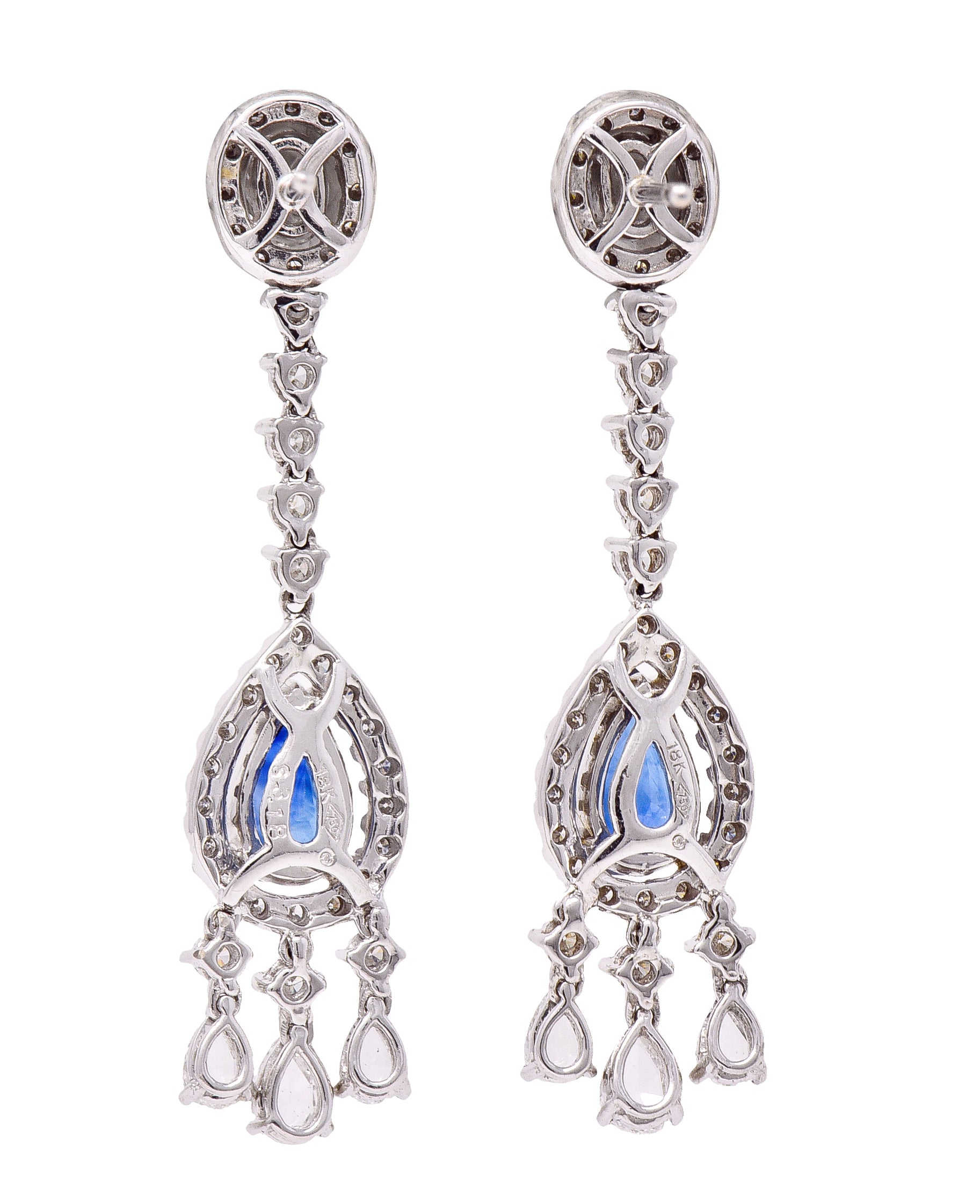 Contemporary 4.46 CTW Pear Cut sapphire Diamond 18 Karat White Gold Fringe Drop Earrings Wilson's Estate Jewelry