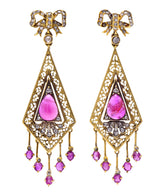 Victorian 4.12 CTW Ruby Diamond 18 Karat Yellow Gold Bow Fringe Antique Drop Earrings Wilson's Estate Jewelry