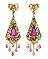 Victorian 4.12 CTW Ruby Diamond 18 Karat Yellow Gold Bow Fringe Antique Drop Earrings Wilson's Estate Jewelry