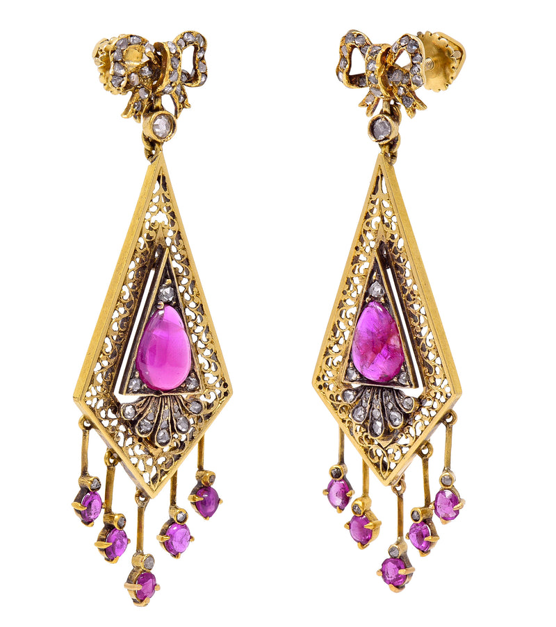 Victorian 4.12 CTW Ruby Diamond 18 Karat Yellow Gold Bow Fringe Antique Drop Earrings Wilson's Estate Jewelry