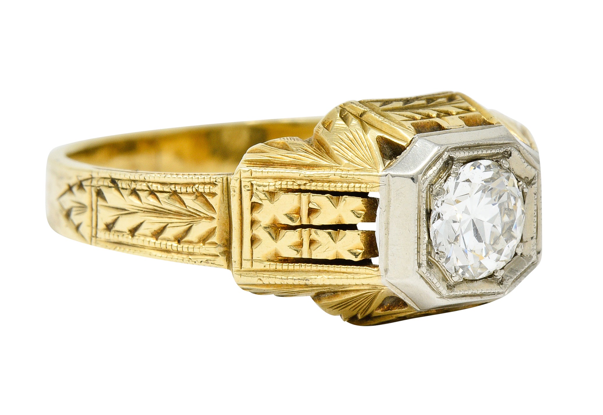 Art Deco Diamond 18 & 14 Karat Two Tone Gold Unisex Octagonal RingRing - Wilson's Estate Jewelry