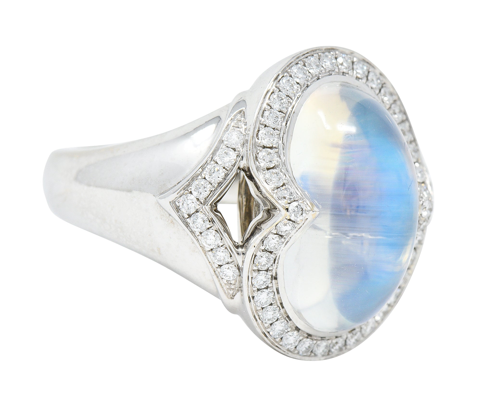 Spark Contemporary Rainbow Moonstone Cabochon Diamond 18 Karat White Gold Halo Ring Wilson's Estate Jewelry